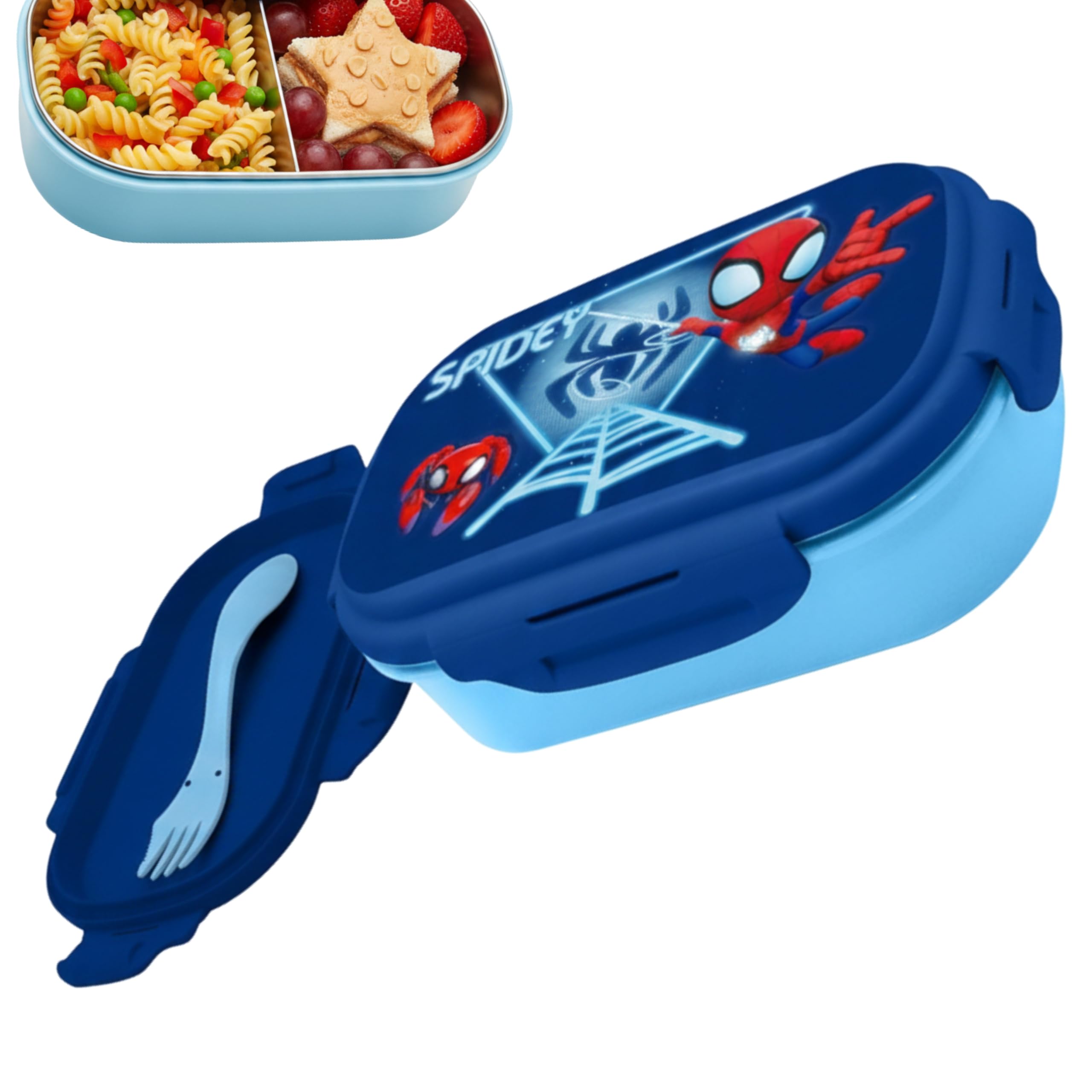 SRV Hub Spidey Lunch Box with Spork – 2 Compartment BPA-Free Snack Box, Leakproof Food Container for Work, School & Travel Meal Prep – 22cm Lunchbox for Kids & Adults Xmas Gift