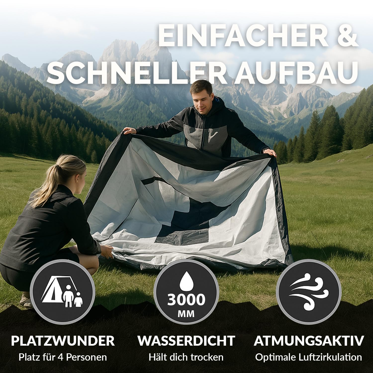 Zelt 2 oder 4 Personen Doppelwandiges Campingzelt mit Mückenschutz schneller Aufbau, wasserdicht, winddicht & atmungsaktiv, leicht, faltbar inkl. Tragetasche ideal für Camping & Festival Grau