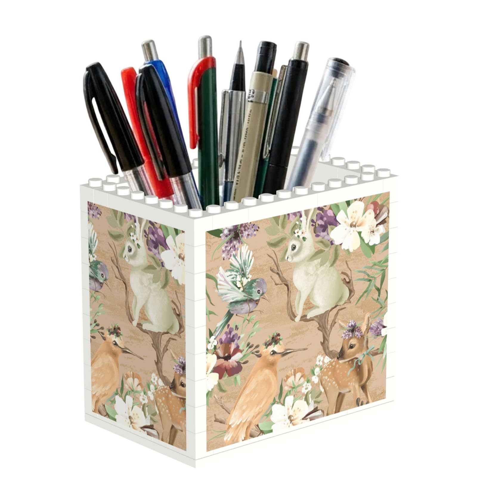 SATUSA Deer Birds With Flowers Print Building Block Texture Pen Holder - Pencil Holder For Desk Pen Organizer,Aesthetic Desk Accessories For Women(1pcs)