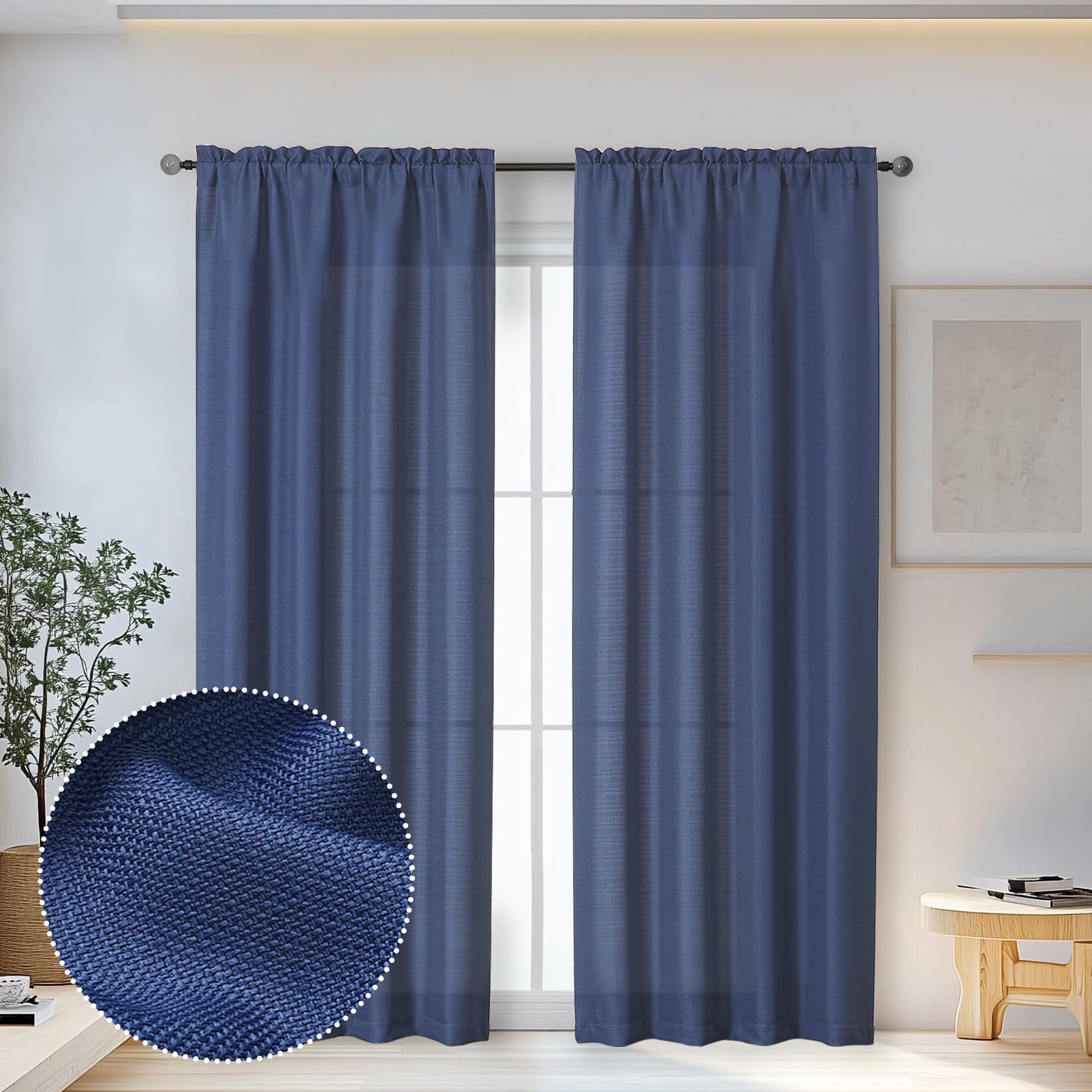 OWENIE Bob Blue Curtains 84 Inch Length 2 Panels Set for Living Room Bedroom, Light Filtering Rod Pocket Faux Linen Textured Curtain Drapes 84 inches Long, 2 Pcs Each 40Wx84L Inch, Navy Blue