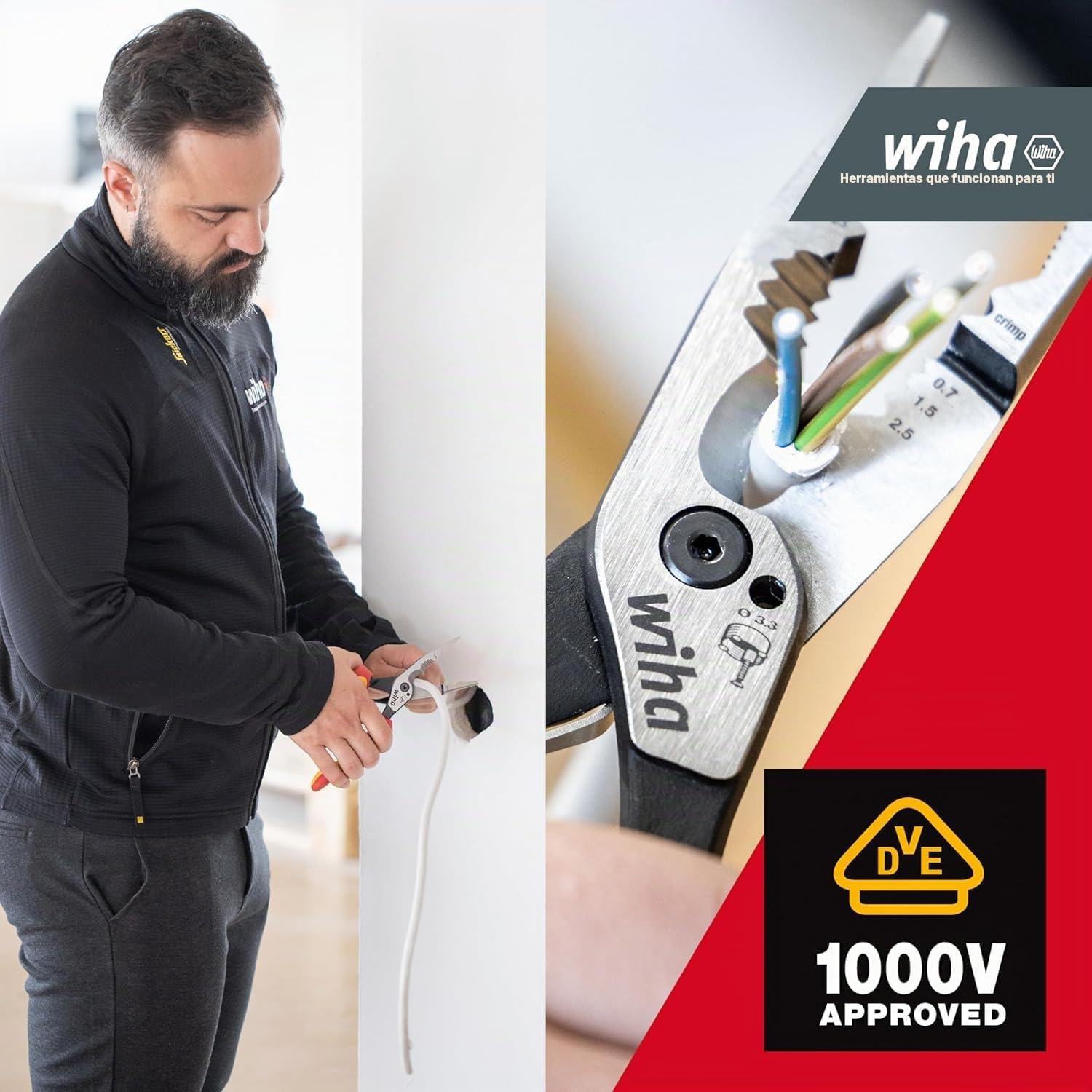 Wiha Alicates multifunción para electricistas 8 en 1 I Crimpar, pelar, cortar, agarrar, desbarbar, doblar, atornillar, cortar tornillos (45705)