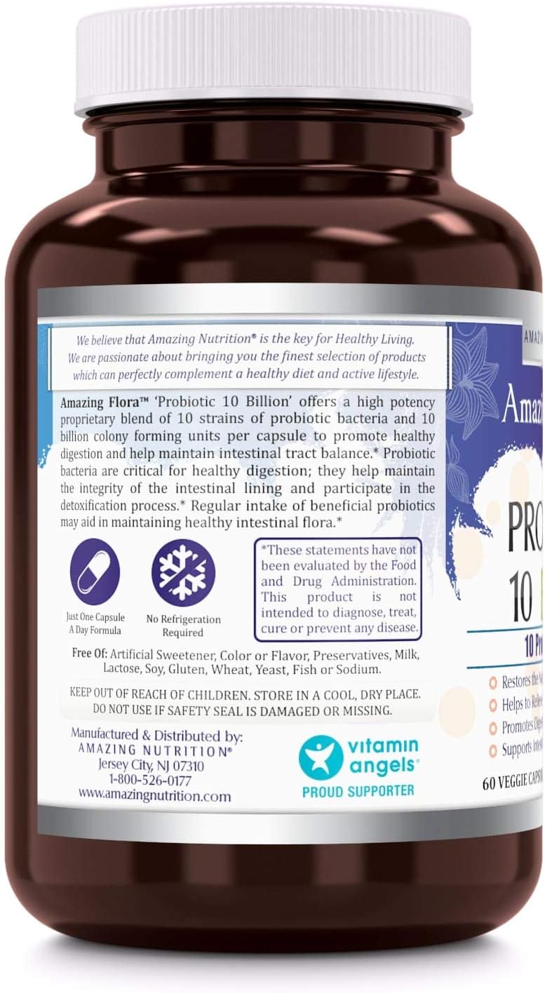 Amazing Flora Probiotic 10 Best Probiotics Strains, Veggie Capsules -Including Acidophilus, plantarum, rhamnosus etc * Supports Digestive & Immune Health * (10 Billion