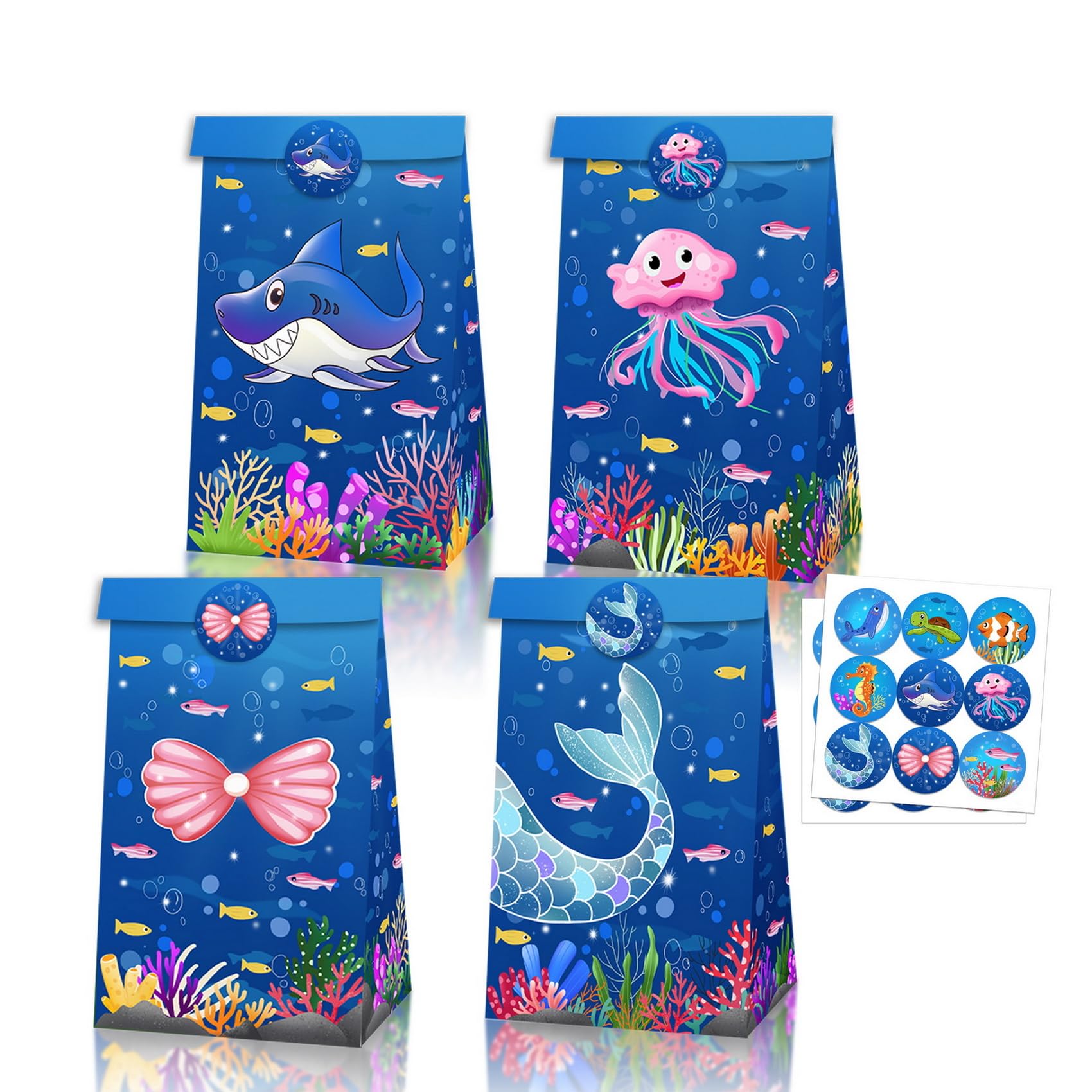 PQKL 12 Sacchetti Regalo Tema Mare - Carta Kraft Con Animali Marini - 21x16x8 Cm - Per Festa Compleanno Bambini