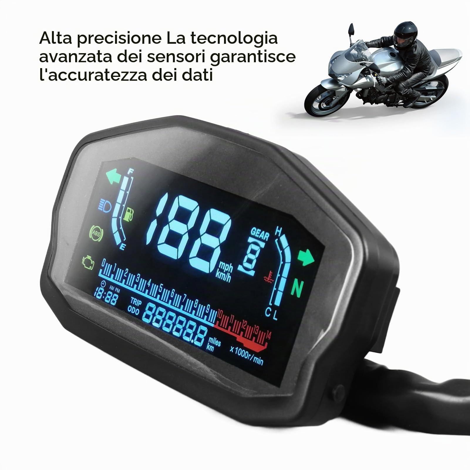 Keenso Tachimetro per Moto, Tachimetro per Quadro Strumenti per Moto Contagiri Display Digitale LCD Misuratore di Livello Dell'olio per la Temperatura dell'Acqua