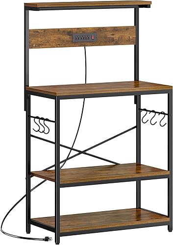 Miniatura 20 de SUPERJARE Estante de panadero de cocina con toma de corriente, mesa de bar de café de 4 niveles, soporte de microondas de cocina con 6 ganchos en