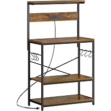 SUPERJARE Bakers Rack with Outlet Microwave Stand 31.5 x 16.5 Inch Large Desktop Kitchen Storage Rack with Adjustable Middle Shelf 6 S Hooks Coffee Bar Stand Rustic Brown