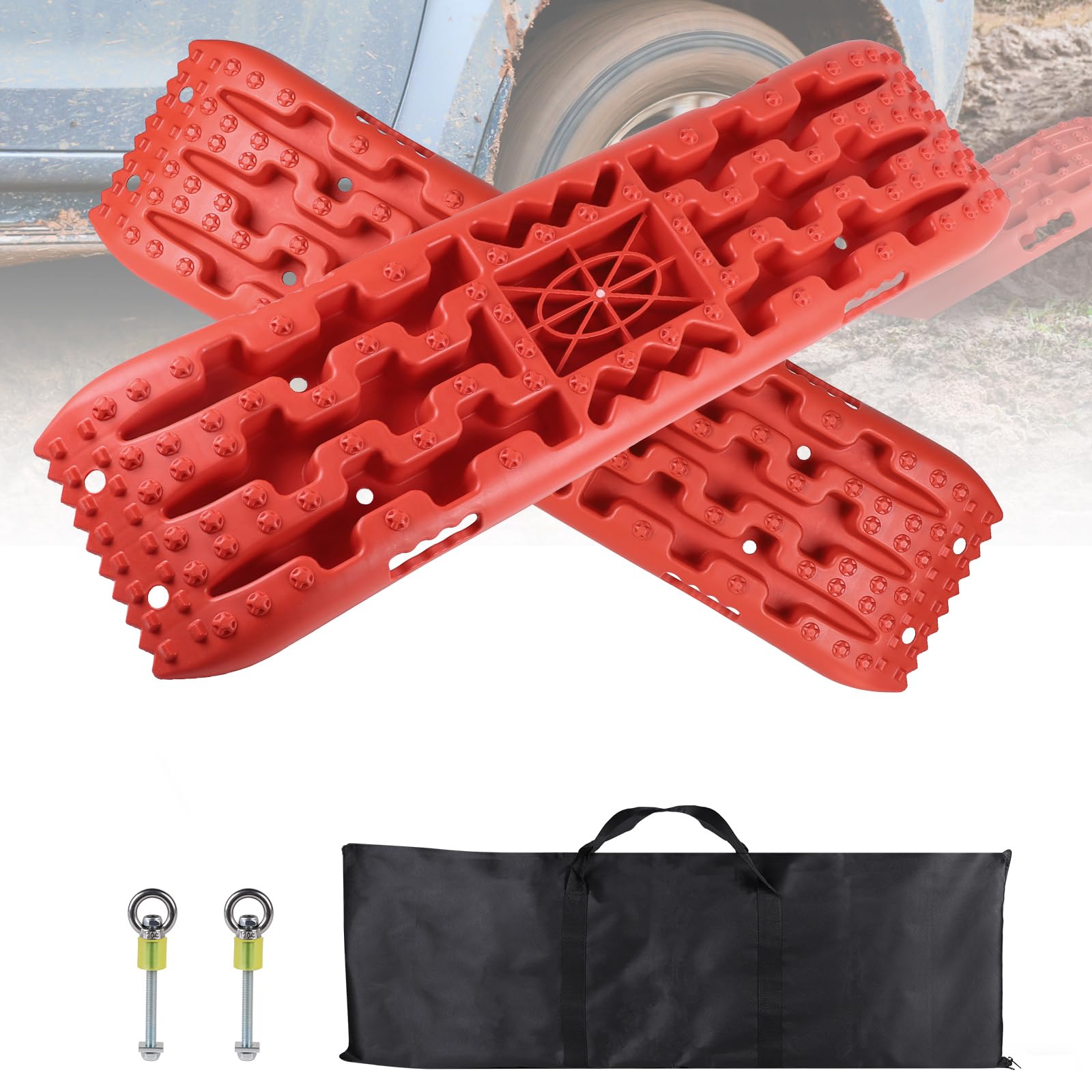 EXLECO 2 Pcs Plaques de Desensablage, Accessoire de Désenlisement pour Cale Camping Carr, 4x4 jusqu‘à 10T, Rampe Voiture de Récupération à Traction sur Sable, avec Sac de Rangement, Support, Rouge