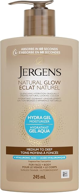 Jergens Natural Glow Hydra Gel Moisturizer Self Tanner for Face and Body Medium to Dark