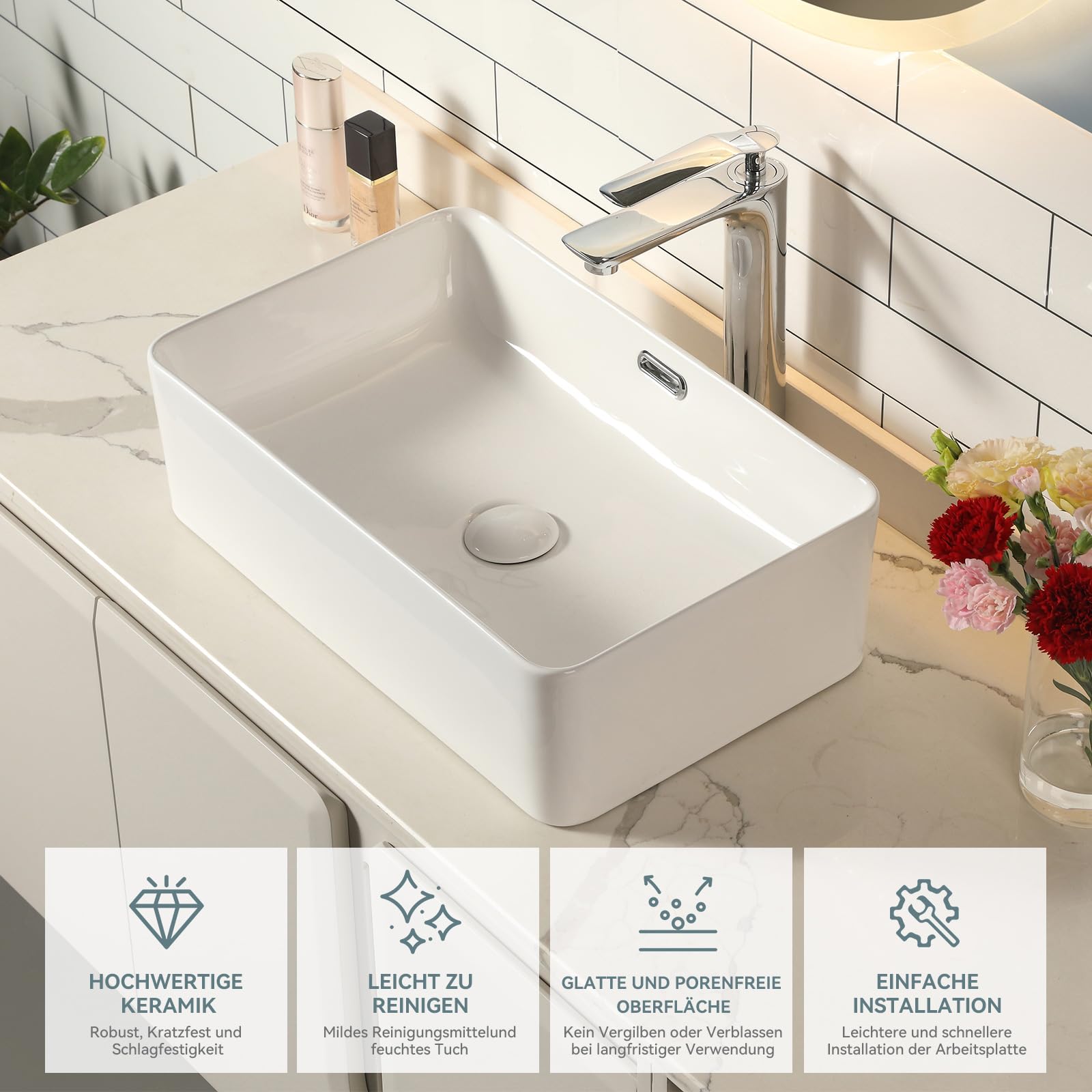 Lavabo à poser, en céramique, rectangulaire, à bord fin, pour invités, blanc, avec valve de vidange pop-up, avec trop-plein, 48 × 31,5 × 14 cm
