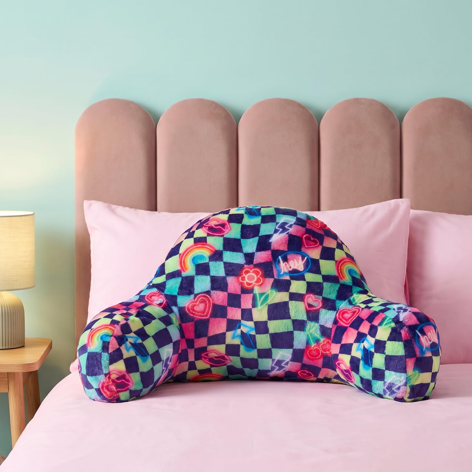 OHS Cuddle Cushion for Kids Fleece Back Cushion with Arms,Neon Checkerboard