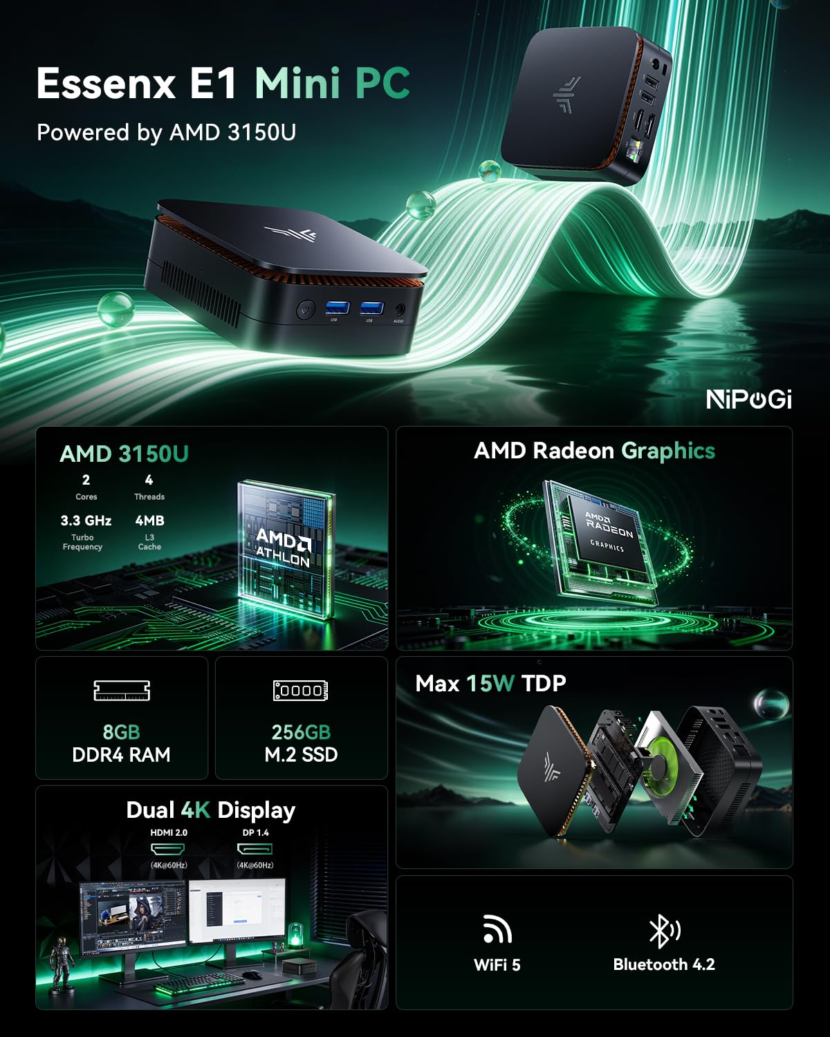 NiPoGi Essenx E1 Mini PC AΜD 3150U W-11 Pro(2C/4T, bis zu 3,3 GHz) 8GB DDR4 RAM+256GB SSD(bis zu 2 TB) 4K@60Hz Dual Display HDMI 2.0+DP 1.4/Wi-Fi 5/BT 4.2/LAN, Desktop-PC für Büro/Bildung/Multimedia