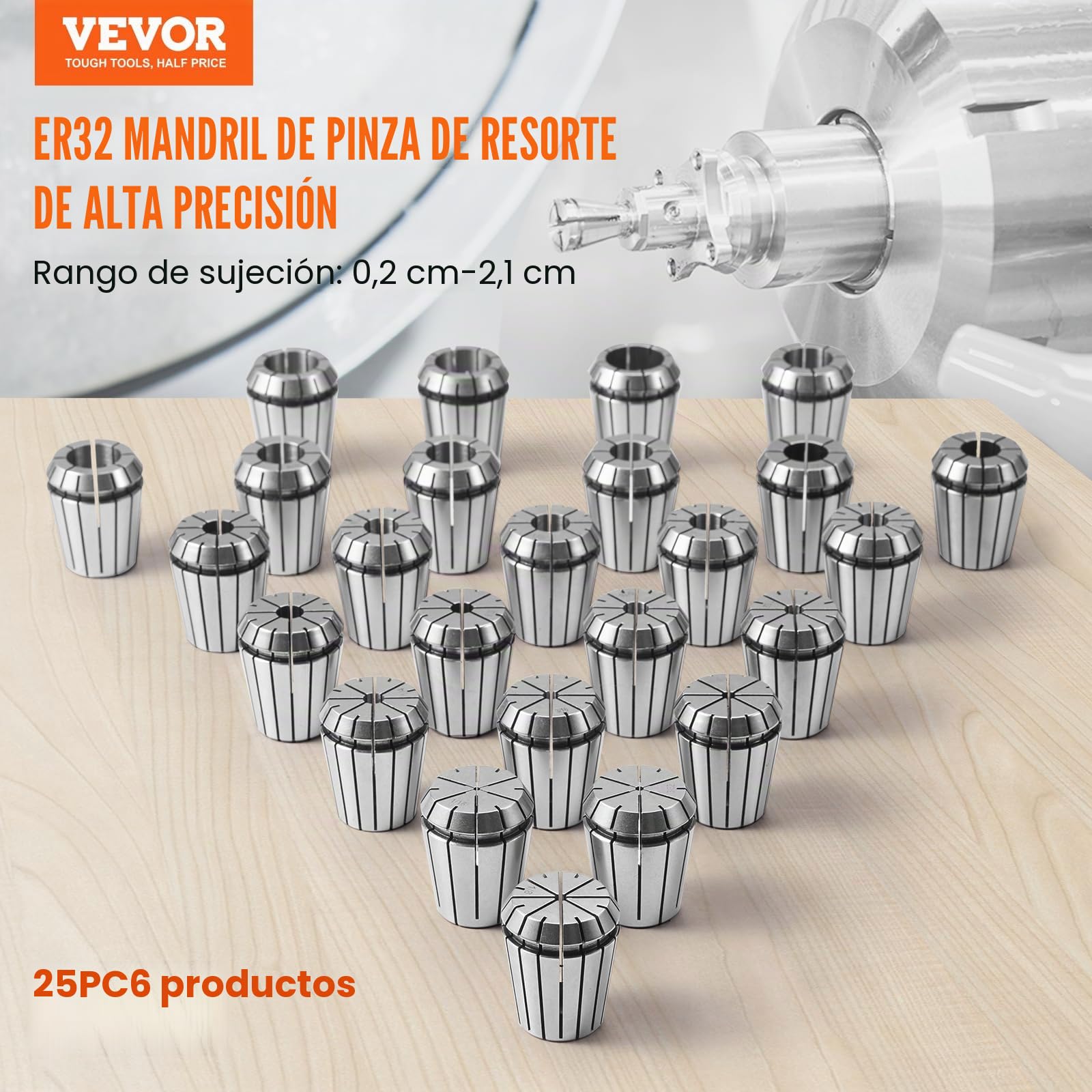 VEVOR Juego de Pinzas ER32 25 PCS 1/16"-13/16" 1,6-20,6 mm TIR 0,0006"/15 μm con 25 Cajitas de Almacenamiento Etiquetadas para Máquina de Grabado CNC, Fresadora, Herramienta de Torno, Taladro, Prensa