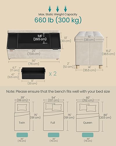 Miniatura 3 de SONGMICS Banco otomano de almacenamiento, baúl de almacenamiento plegable, 15 x 30 x 15.2 pulgadas, taburete reposapiés, 20 galones (77 L),