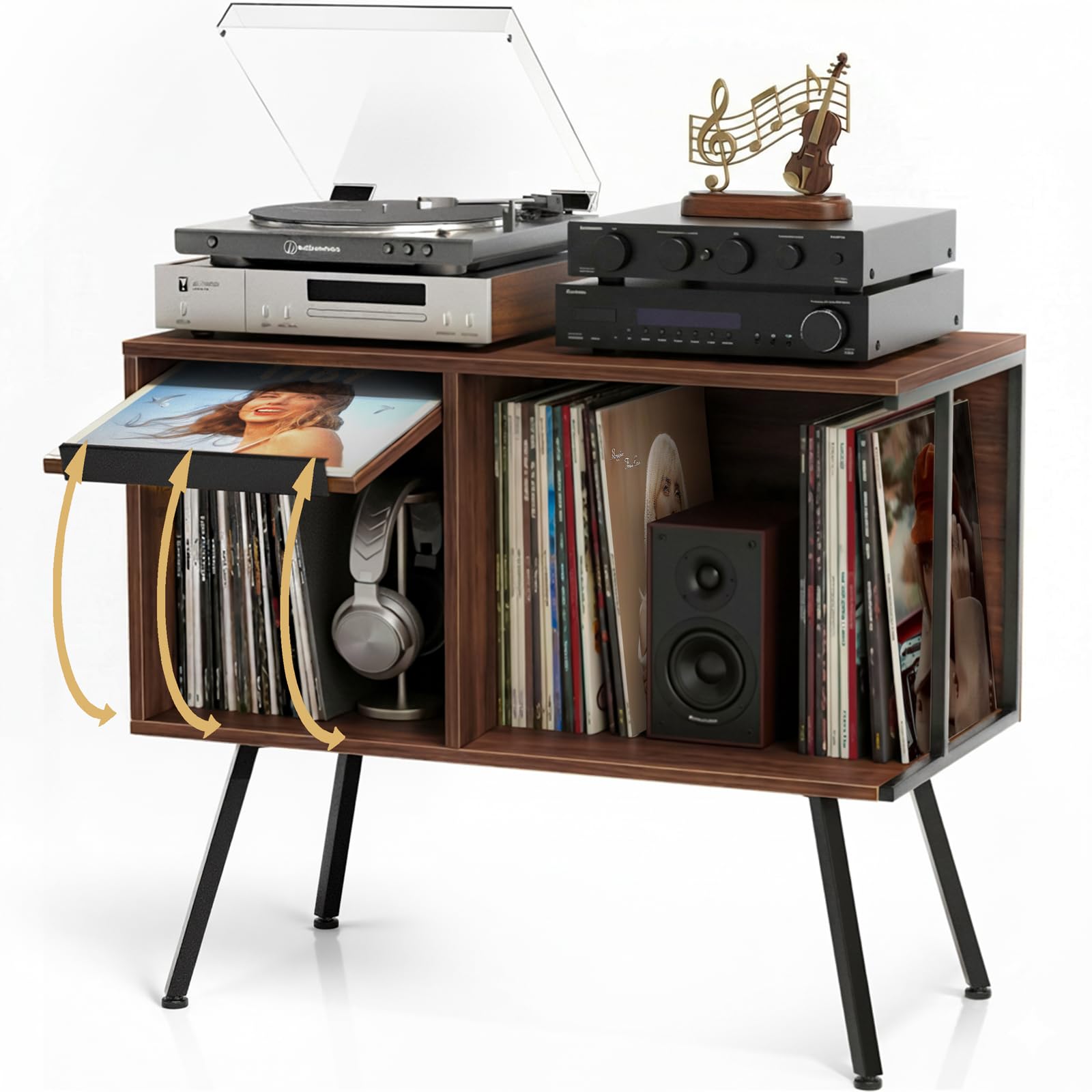 Faesun Record Player Stand with Flip-Down Record Shelf, Walnut