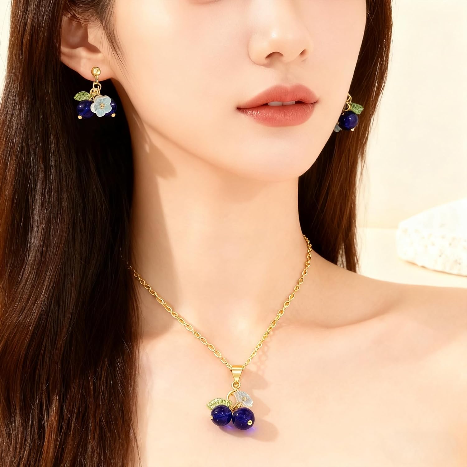 Blueberry Earrings Necklace Set for Women 3D Funny Realistic Fruit Jewelry Set Cute Blueberry Accessories with Flower Leaf Charm Sweet Lightweight Jewelry Gifts - Image 2