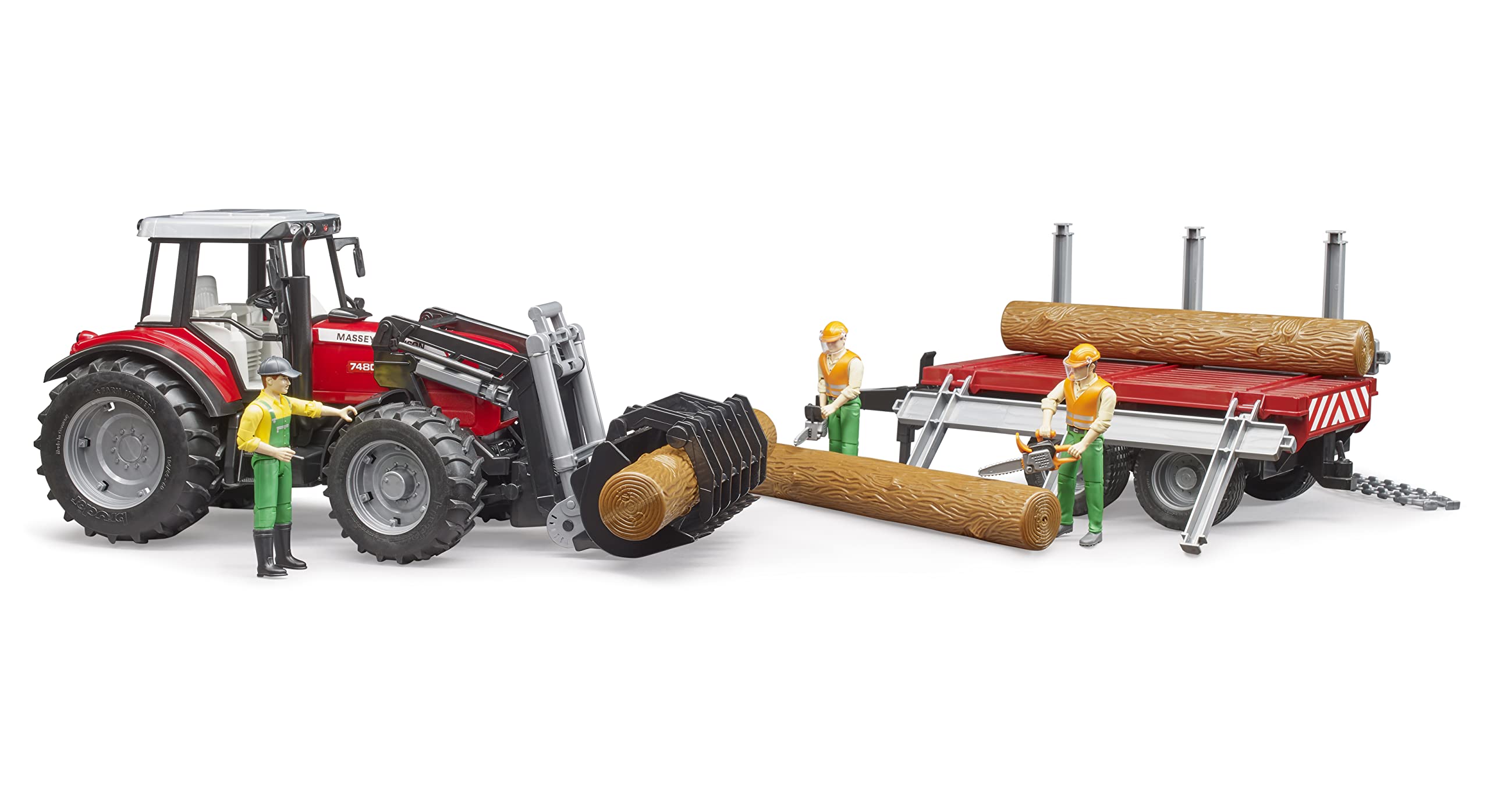 bruder 02046 - Massey Ferguson 7480 mit Frontlader, Holztransportanhänger, 3 Baumstämmen - 1:16 Traktor Trecker Schlepper Transportanhänger Tieflader Landwirtschaft Bauernhof Spielzeug