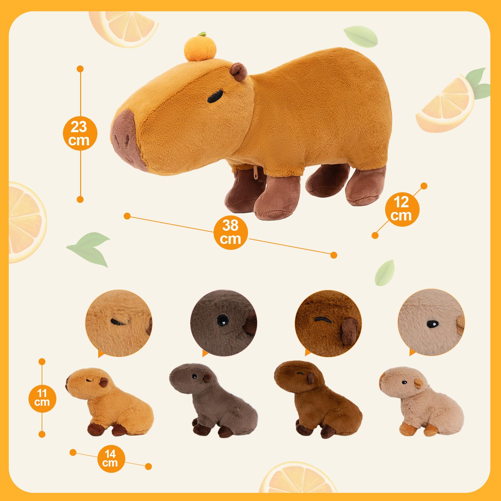 OUOZZZ Peluche Capibara, comprend 4 bébés et peluche Capbara orange de 36 cm de printemps chaud - Jouet cadeau pour filles, garçons et petits bébés