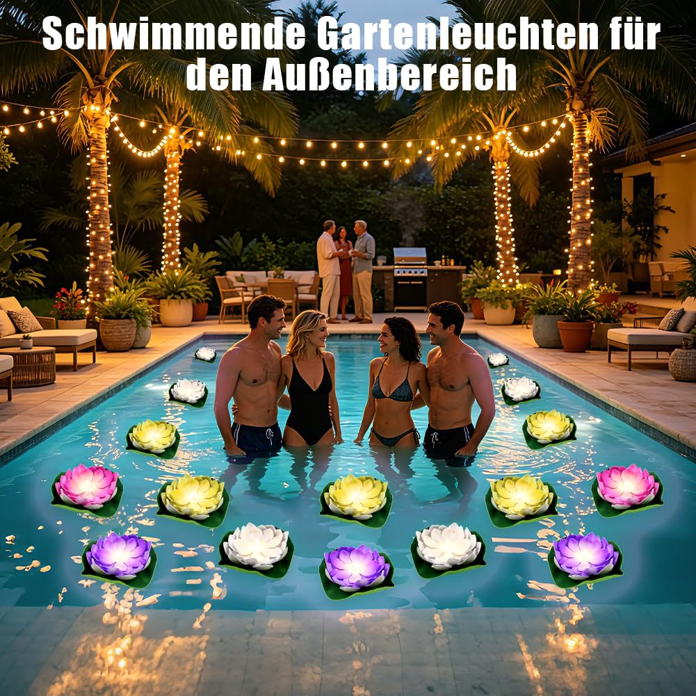 Aohcae 4 Stück Schwimmende Lotuslichter, Wasserdichte Solar Lotusblüte, Seerosen Künstlich Solar für Garten Hof, Schwimmbad, Brunnen und Aquarien