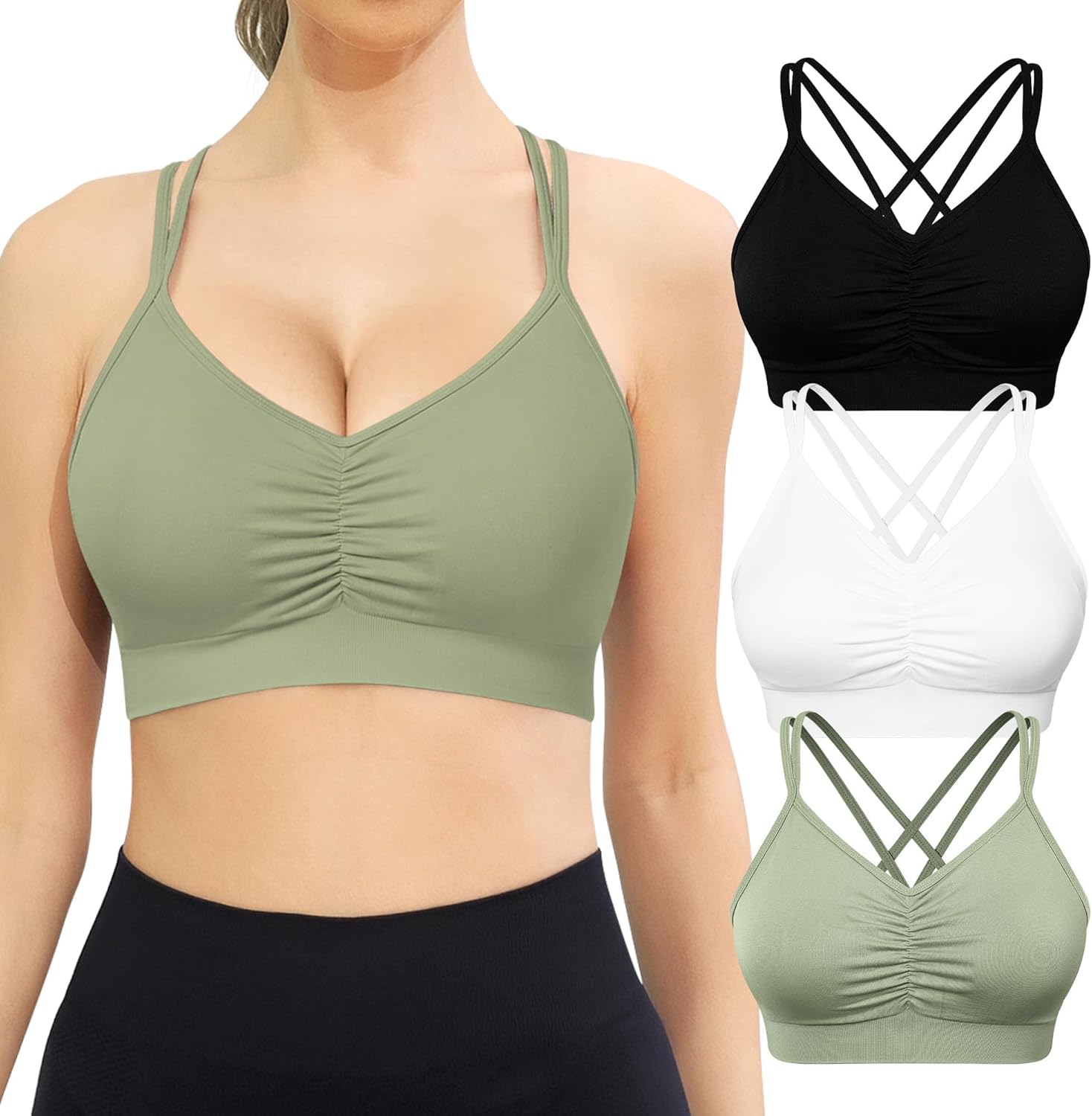 VEQKING Ruched Sports Bras for Women Large Bust, Seamless Padded Strappy Medium Support Yoga Bra, 3 Pack