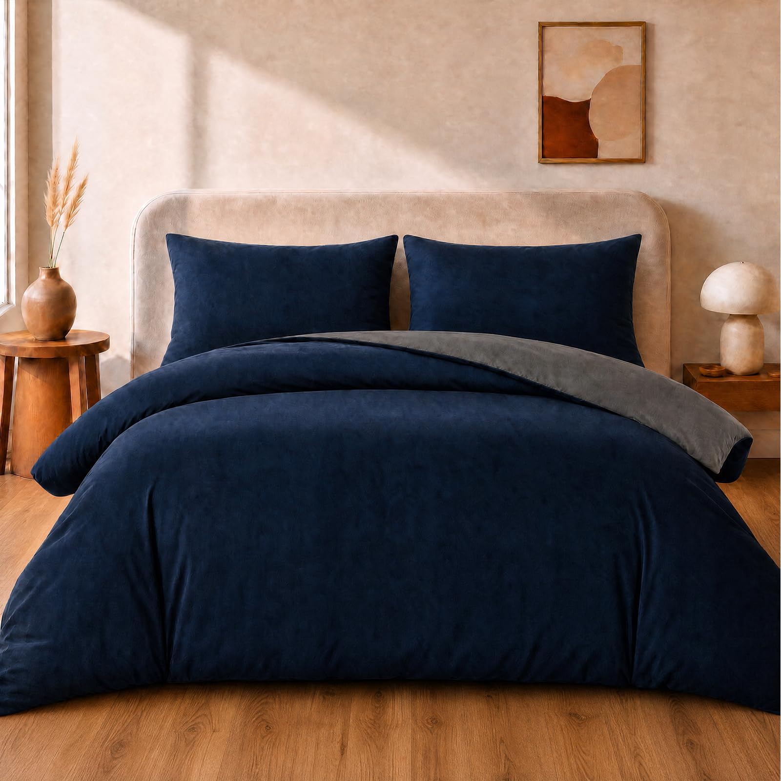 VelvetMis Double Size Duvet Cover Set - 3Pcs Reversible Bedding Bed Set Navy Blue And Grey Microfiber Quilt Cover With 2 Pillowcases 50x75cm