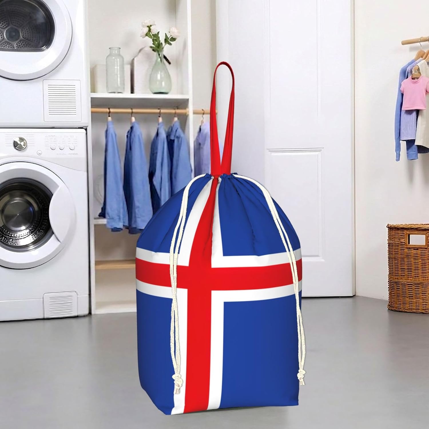 Oxford Flag of Iceland Print Large-capacity drawstring laundry bag with Handles for Dorm,Hotel