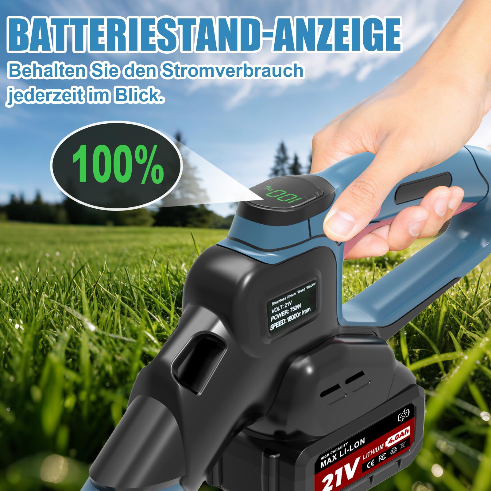 Rasentrimmer mit Akku,Akku Rasentrimmer für Makita-Akkus mit 5 Klingentypen,21v,2X 4.0ah 5 In 1 Rasentrimmer,Freischneider mit Unkrautbürste,750w Bürstenloser Motor für Rasen,Garten und Hof-Dark Blau