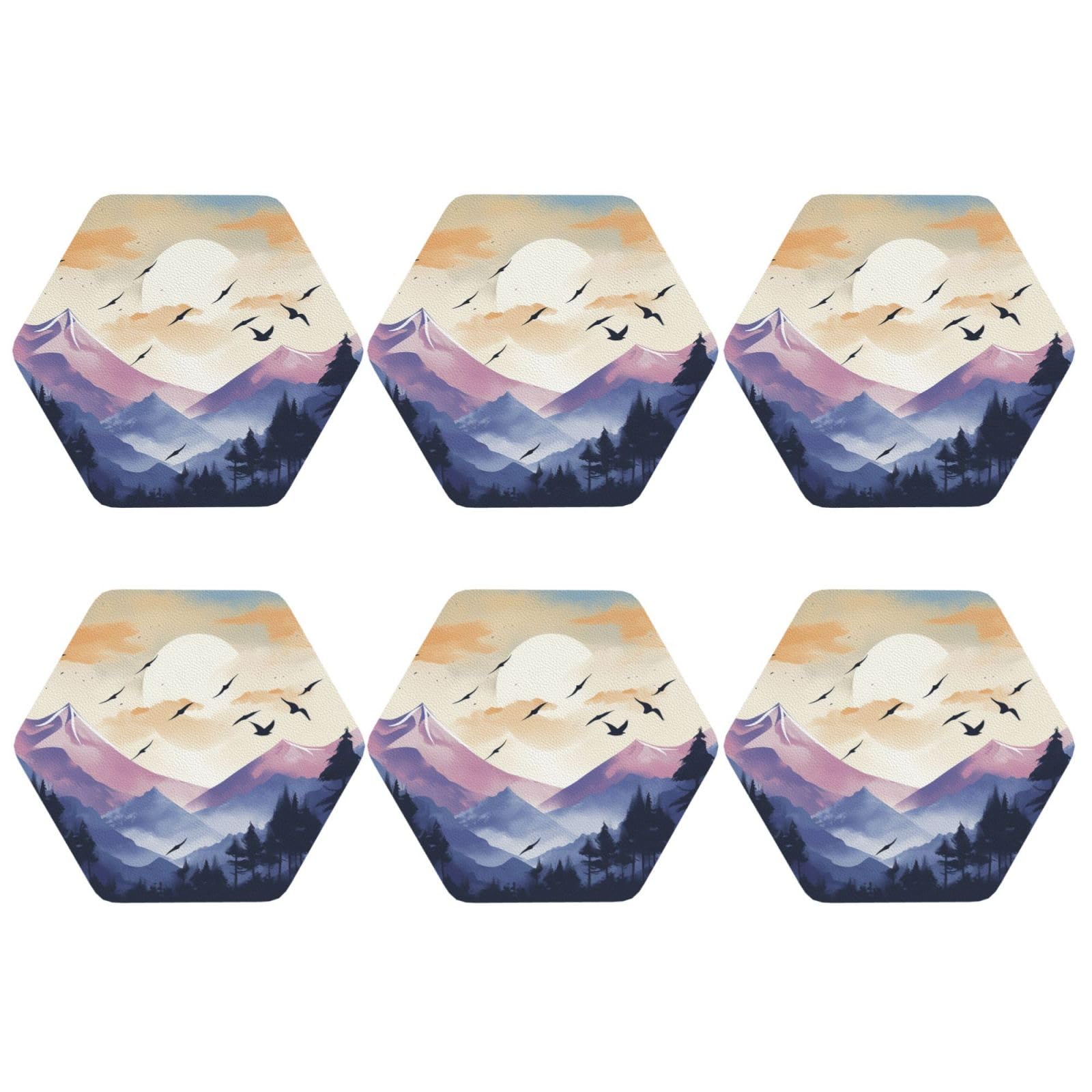 6pcs Leather Coasters for Drinks, Birds Flying At Sunset Drink Coasters for Tabletop Protection, 4" Cup Coasters for Coffee Table Decor, Non-Slip Drinking Cup Mat for Hot Or Cold Drink
