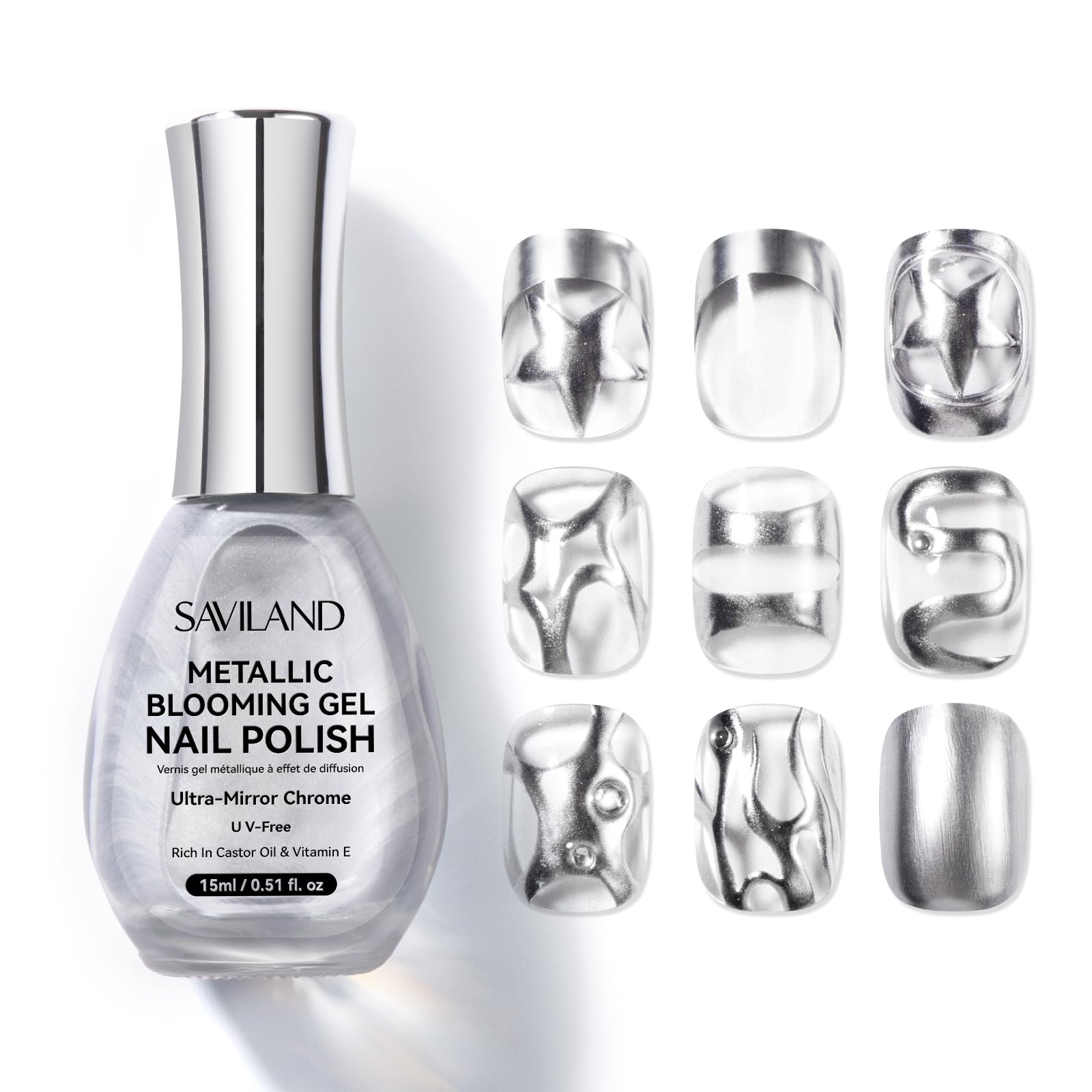 SAVILAND Metallic Silber Blooming Gel: 15ml Ultra Mirror Silber Chrome Blooming Gel Nagellack Chrome Powder Metallic Effect Bloom Gels Nail Polish Marble Nail X Ink Y2K Nailart Keine Lampe Notwendig