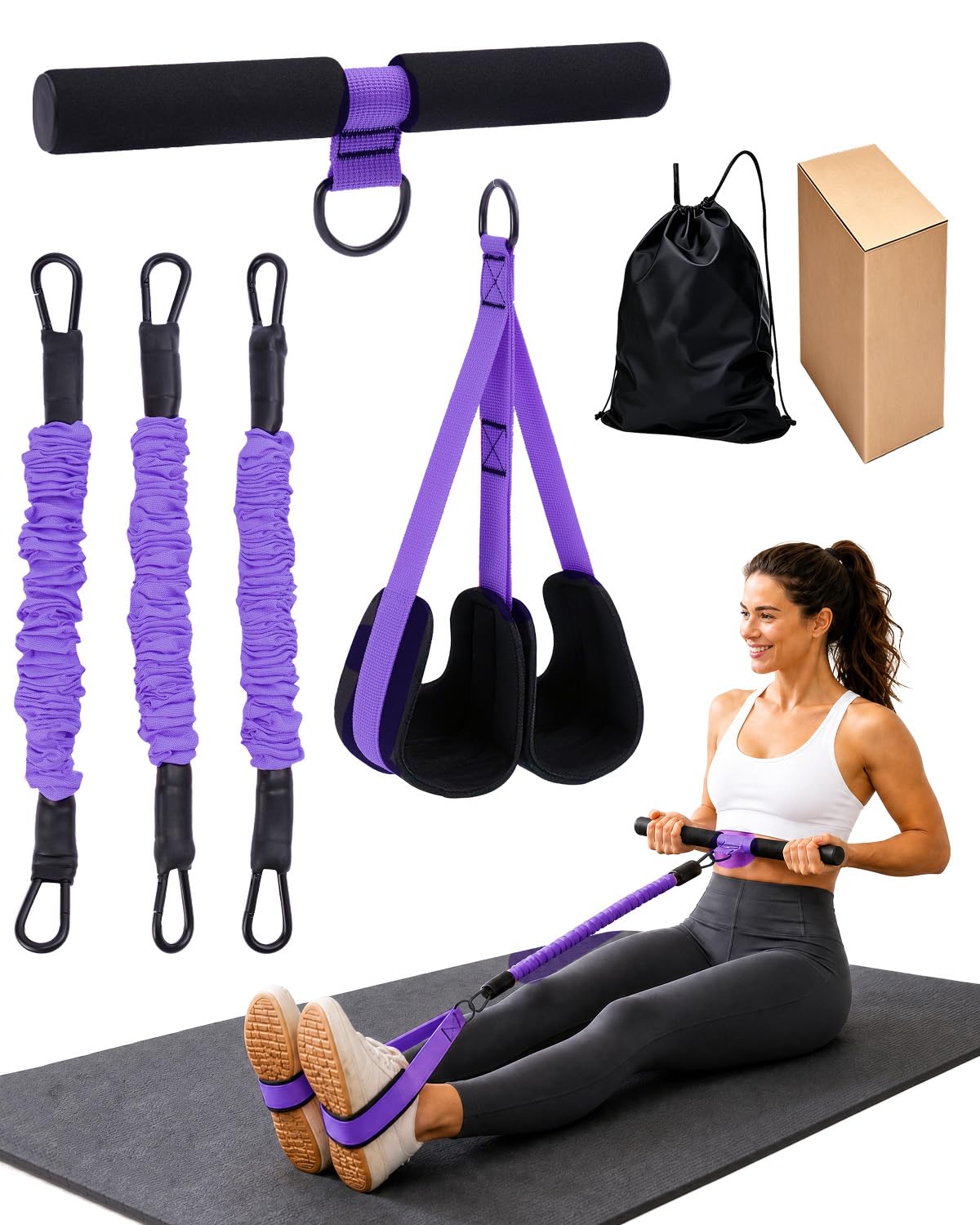 AMAZINGHOME Upgraded pedal resistance bands with handle, 3 Tube Adjustable Resistance Band for Waist, Core, Arm & Leg Exercise, Sit Up Pedal for Women（Purple）