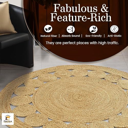 Miniatura 6 de Alfombra de yute de 3 x 3 pies, colección redonda de fibra natural, hecha a mano, con dijes bohemios, estilo campestre, de yute, suave alfombra