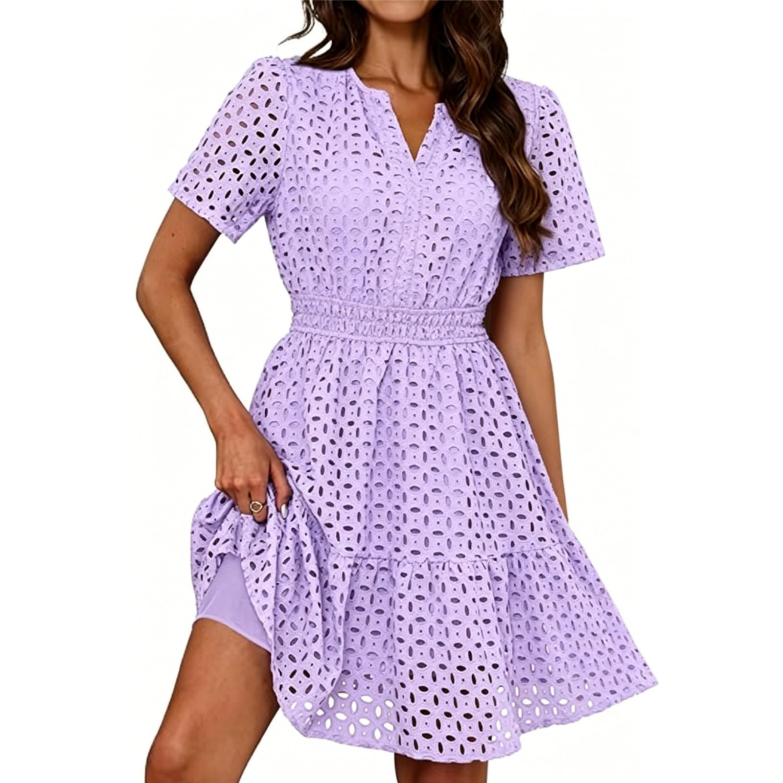 Vestido Corto con Escote en V, inserción de Encaje, Volantes y Mangas Cortas, Corte en línea Verano, la Playa y Las Fiestas.