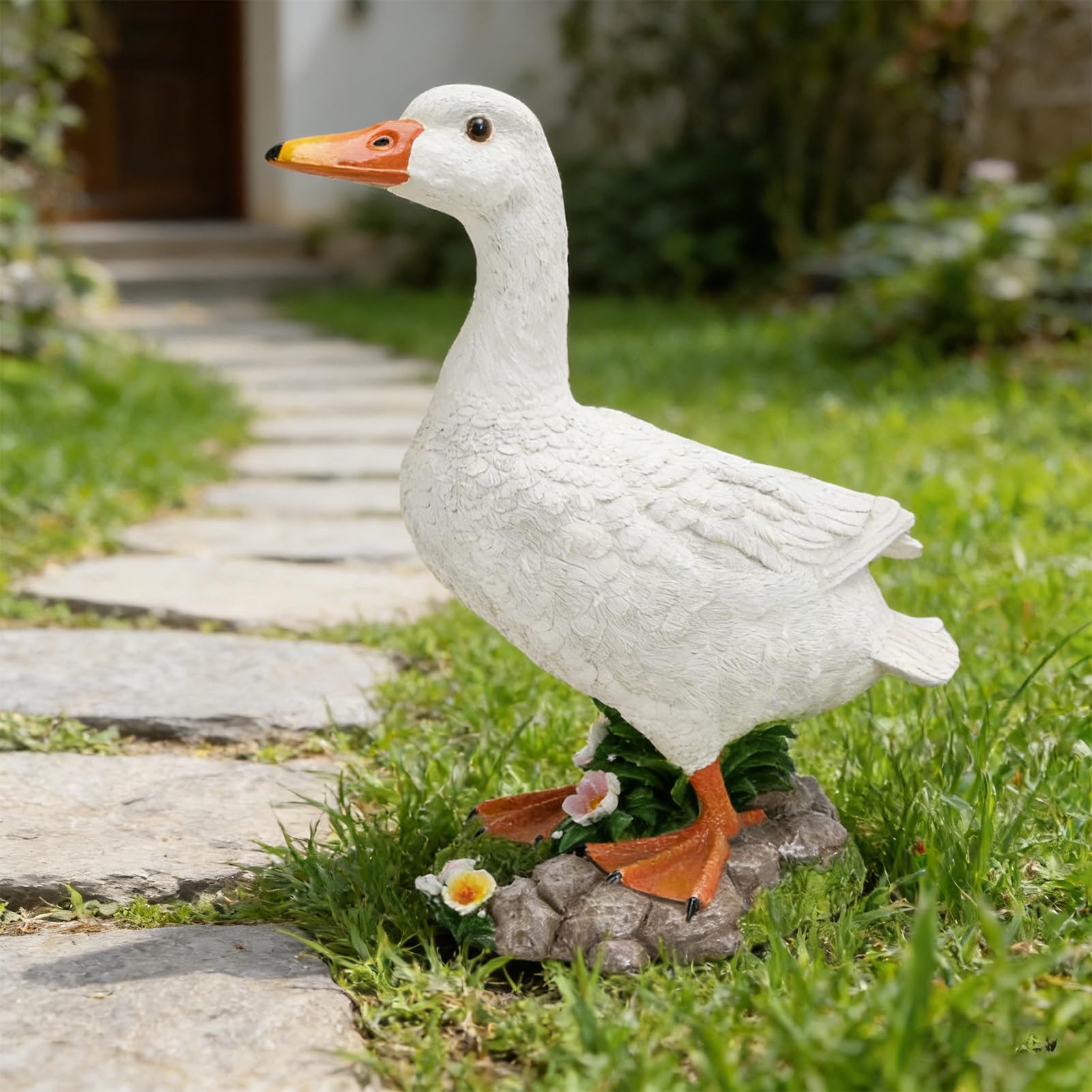 Ganek Statua Gęsi śliczna Rzeźba Zwierząt Trwała żywica Figurka Kaczki do Ogrodu Patio Wystrój Wnętrz 14,37x15,16x6,89 Cala