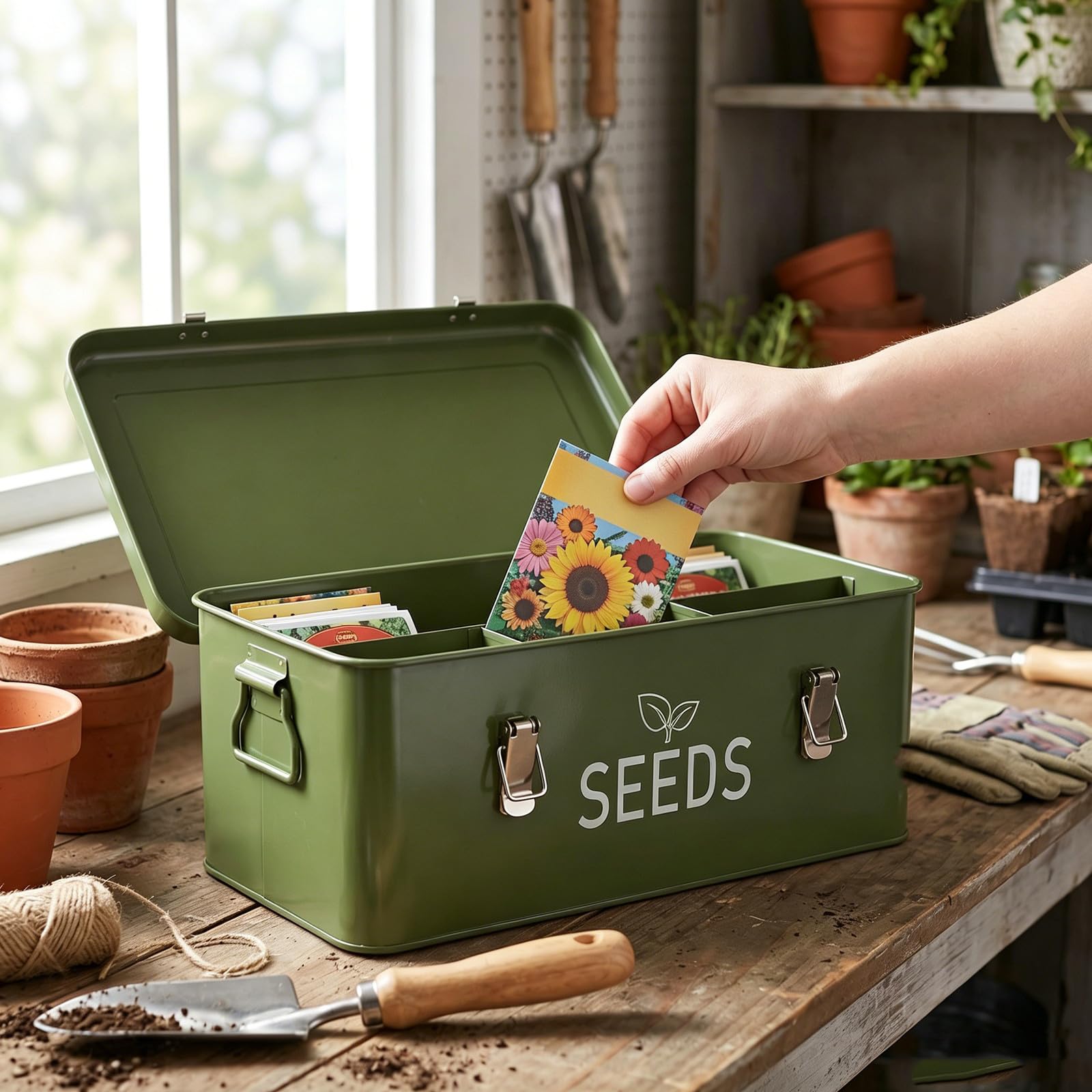 Toddmomy Samentütchenbox mit Trennfächern - Organizer-Etui mit 4 Fächern, Werkzeugaufbewahrung und Griff - Behälter zur Sammlung von Pflanzen- und Blumensamen (Dunkelgrün)