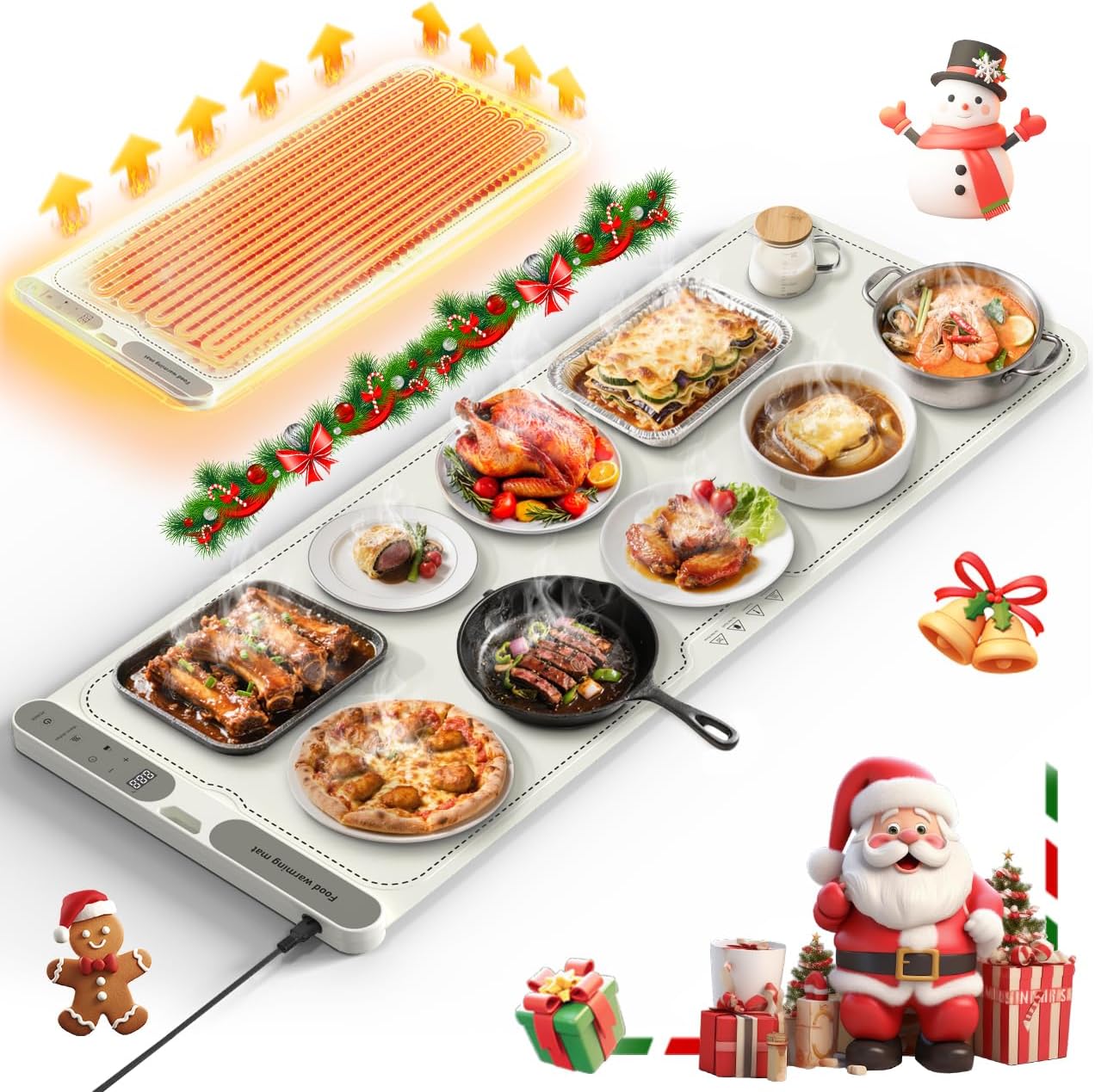Food Warming Mat – 8s Fast Heating Electric Warming Tray with 7-Level Temperature & 8-Hour Timer, Roll-Up Portable Food Warmer for Home Dinner, Party, Travel, Outdoor Picnic
