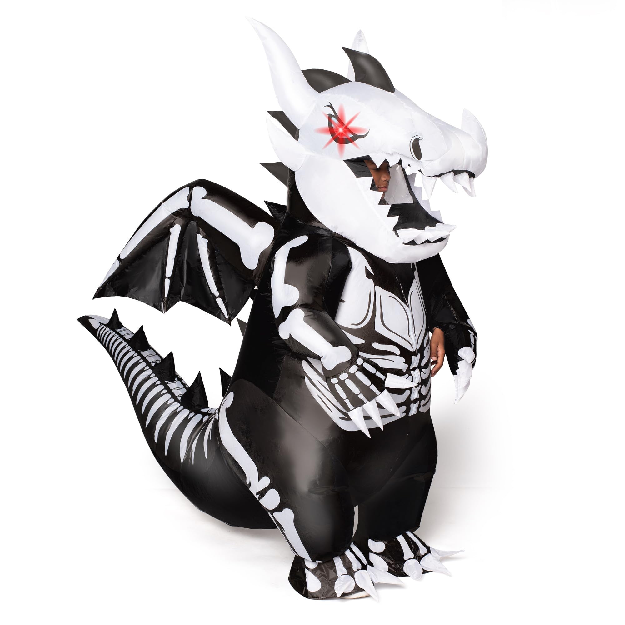 Spooktacular CreationsInflatable Costume for Kids, LED Light Eyes Dragon Skeleton Air Blow Up Costume, 3D Horns Wings for Halloween Parties (3ft11” - 4ft7”)