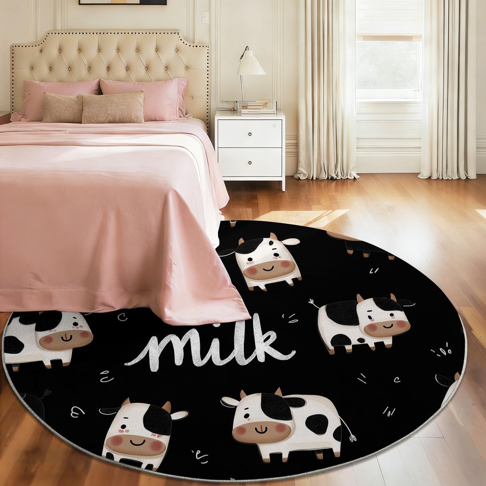 Alfombra Redonda 100 cm Negro Dibujos Animados Lindo Vaca Letras, Alfombra Pelo Corto para Salón, Dormitorio y Oficina, Antideslizante y Lavable, Apta para Robot Aspirador, Suelo