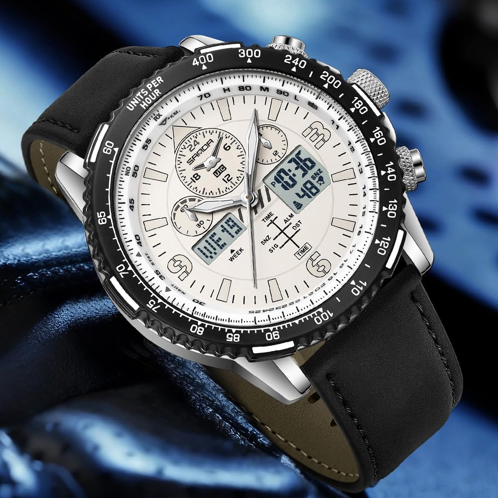 Gosasa Orologio analogico digitale al quarzo da uomo casual con cinturino in pelle