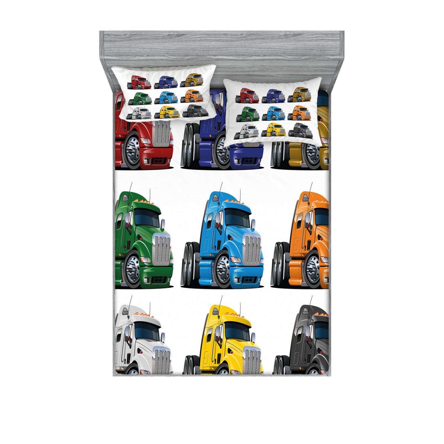 Ambesonne Truck Fitted Sheet & Pillow Sham Set, Colorful Semi Trucks Transportation of Goods Theme Shipping Driving Cartoon Design, Decorative Printed 3 Piece Bedding Decor Set, Full, Red Green