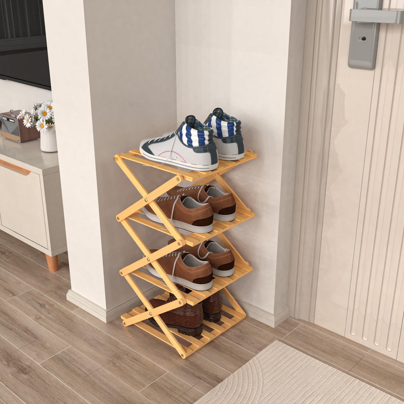 OHMG Regal aus Bambus mit 4 Etagen, faltbar, Organizer aus Bambus, ideal für Schuhregal, im Badezimmer und als Küchenregal, Regal für Dekoration, platzsparend