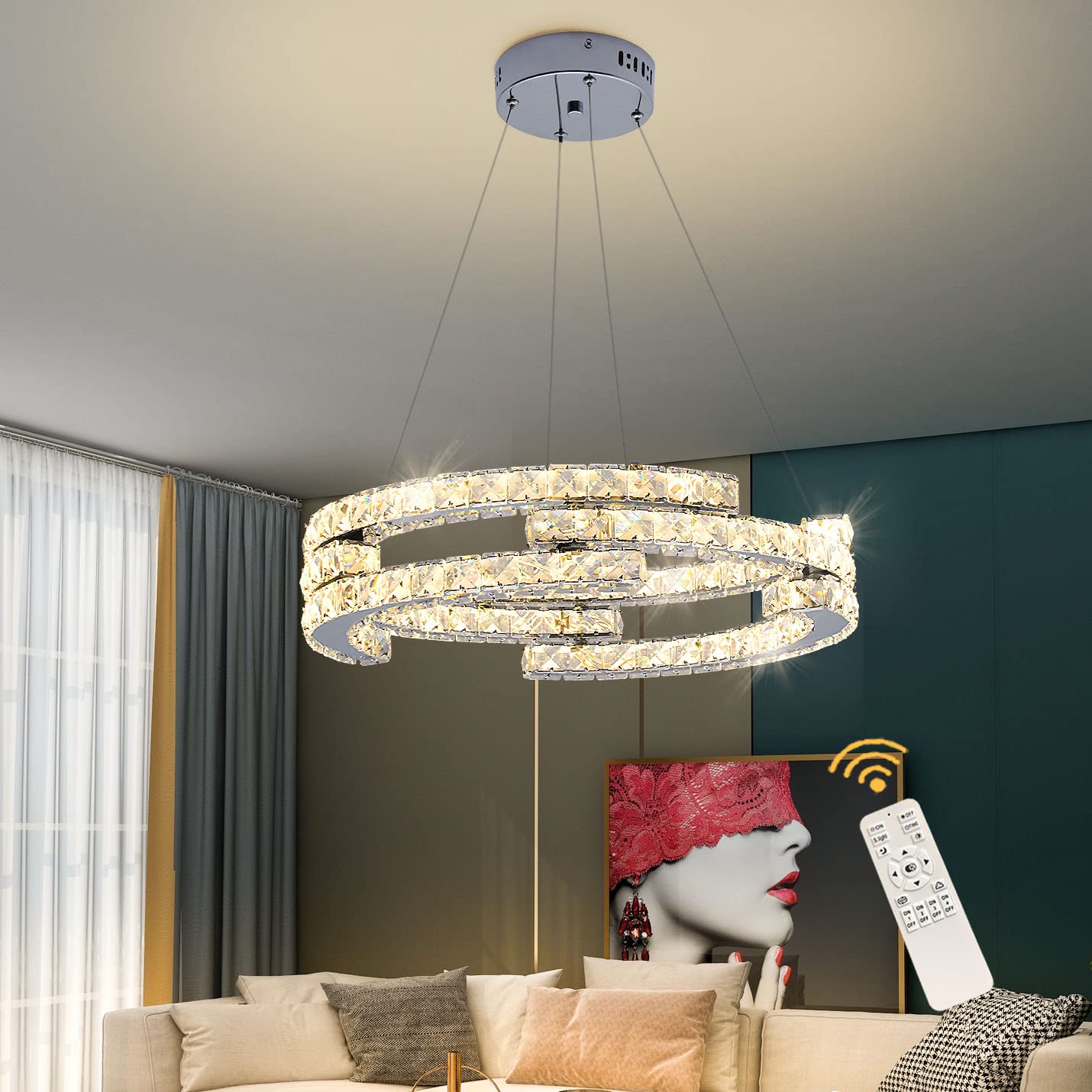 Oninio Modern Dimmable Crystal Chandeliers, 3 Rings LED Pendant Light Fixture Adjustable Ceiling Hanging Light for Living Dining Room Kitchen Bedroom Porch with Remote (Variable Light/Dia 19.7 in) 48W