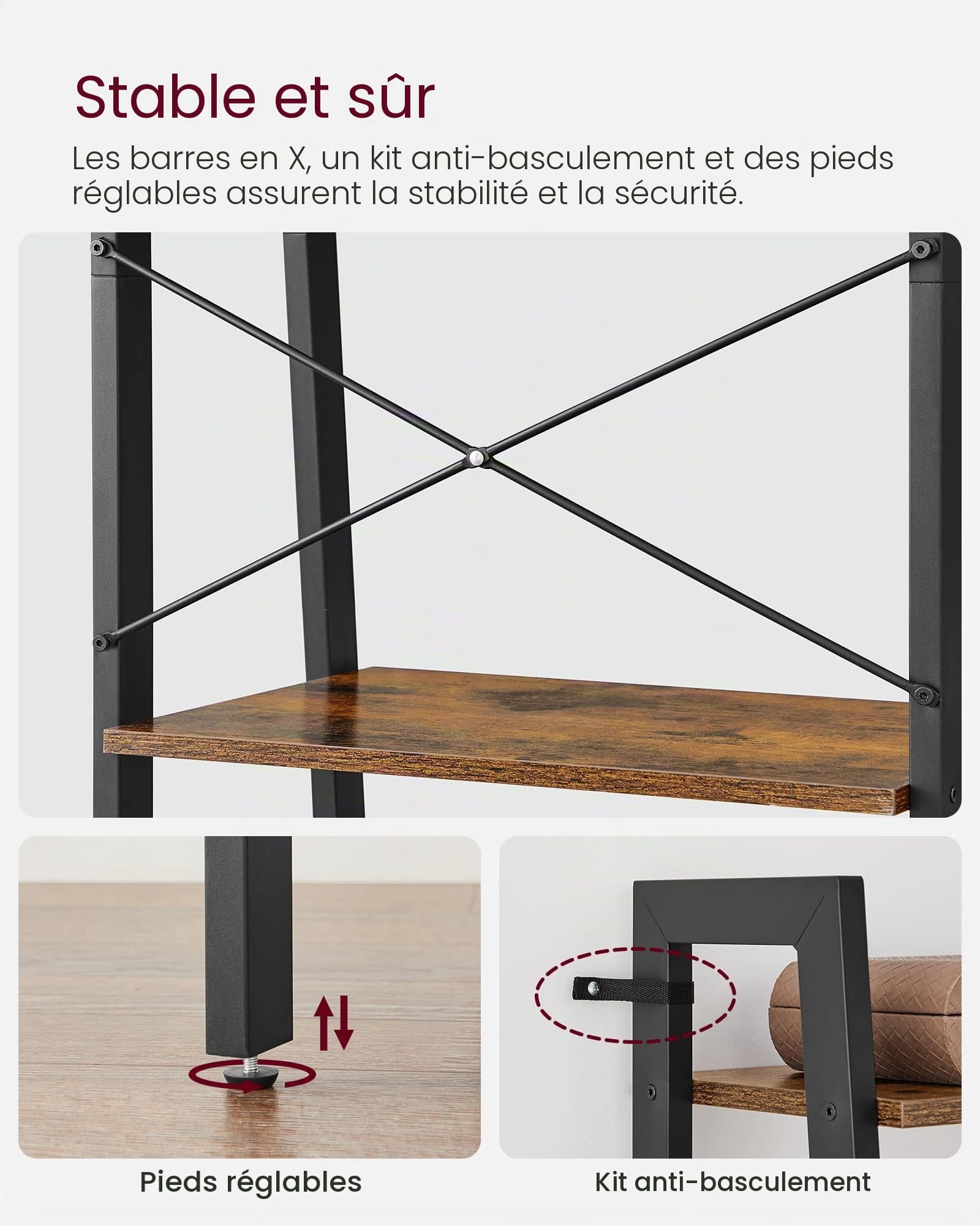 VASAGLE Meuble de Rangement, ÉtagÈre Rangement 4 Niveaux, BibliothÈque, pour Salon, Chambre, Cuisine, Bureau, Style Industriel, Cadre en Acier, Marron Rustique et Noir LLS44X