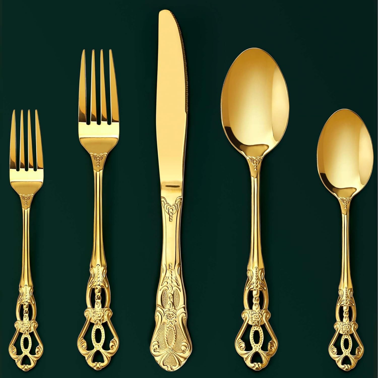 Besteck Set, Goldenes Besteck 60-teilig, Besteck Set 12 Personen aus Edelstahl, Vintage Palast-Stil Besteck Gold Spülmaschinenfest & Hochglanzpoliert Besteckset für alle Anlässe, Geprägte Griff