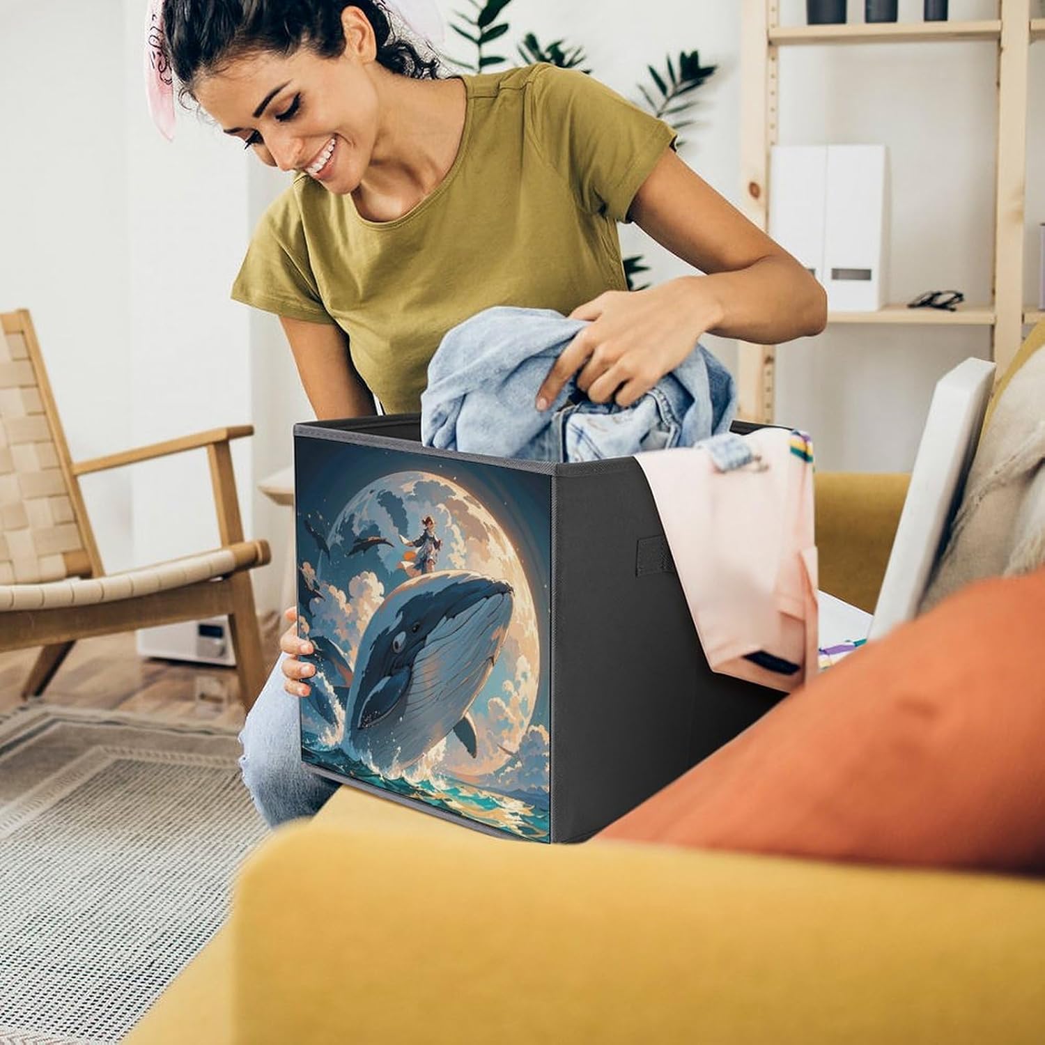 Illustration of A Whale Foldable Storage Box with Handles, Durable Oxford Storage Cubes, 2PCS Collapsible Closet Organizer for Home, Shelf, Office, Travel