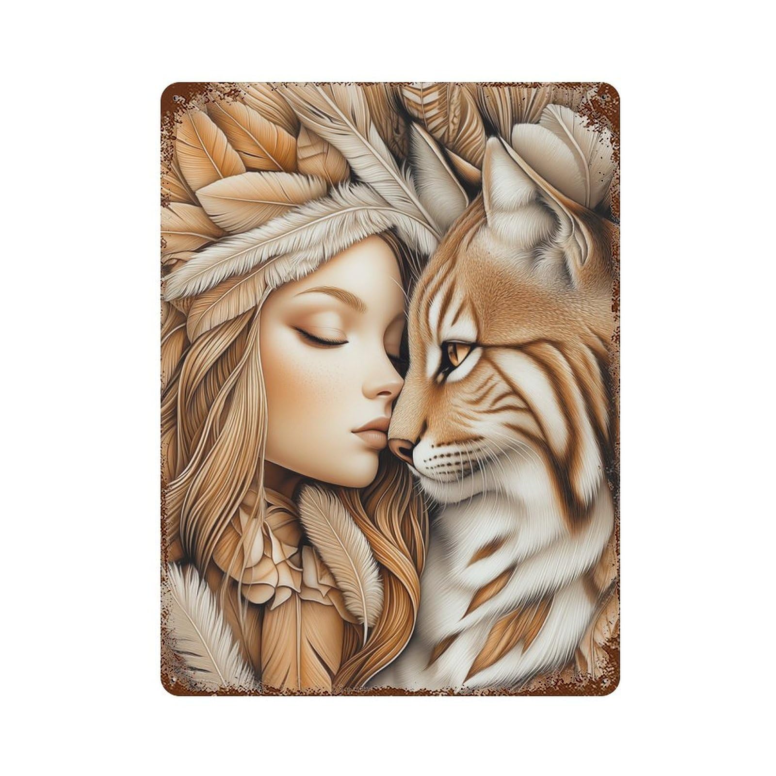 Rustic Tin Plaque Woman And Lynx 15.7"x11.8", Rustic Home Decor for Office, Studio And Wall Decor