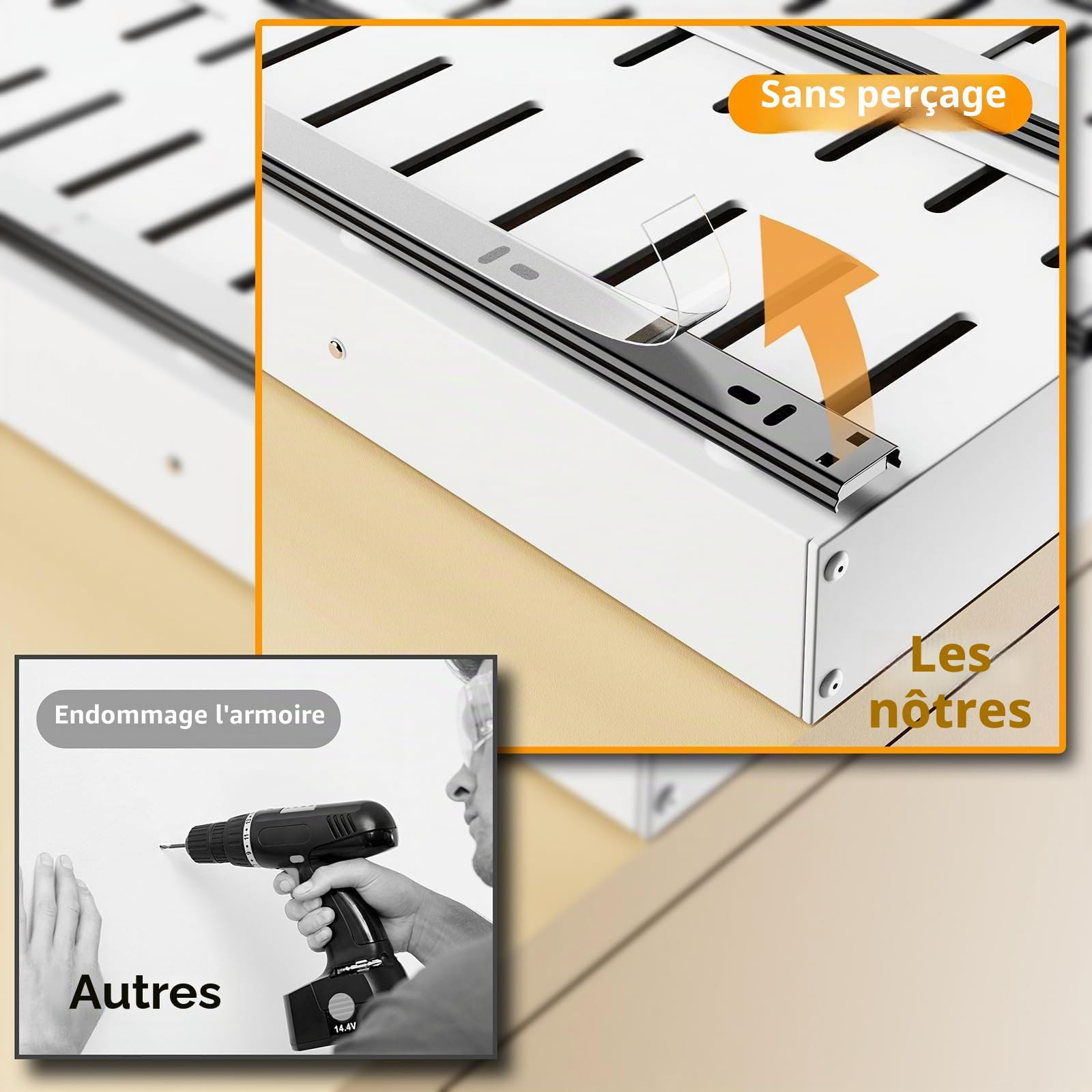 Tiroir Coulissant Cuisine 4 Directions Réglable Blanc 1 Pièce | Acier carbone | Extensible : largeur 29–48 cm, profondeur 41,5–55 cm | Charge 25 kg | Sans perçage ou vis | Rails amortis