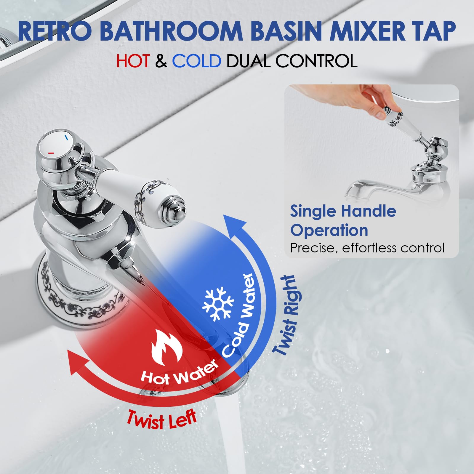 ROVOGO Chrome Vintage Retro Small Basin Mixer Tap for Bathroom with Ceramic Lever Monobloc Bathroom Sink Mixer Tap - Image 3