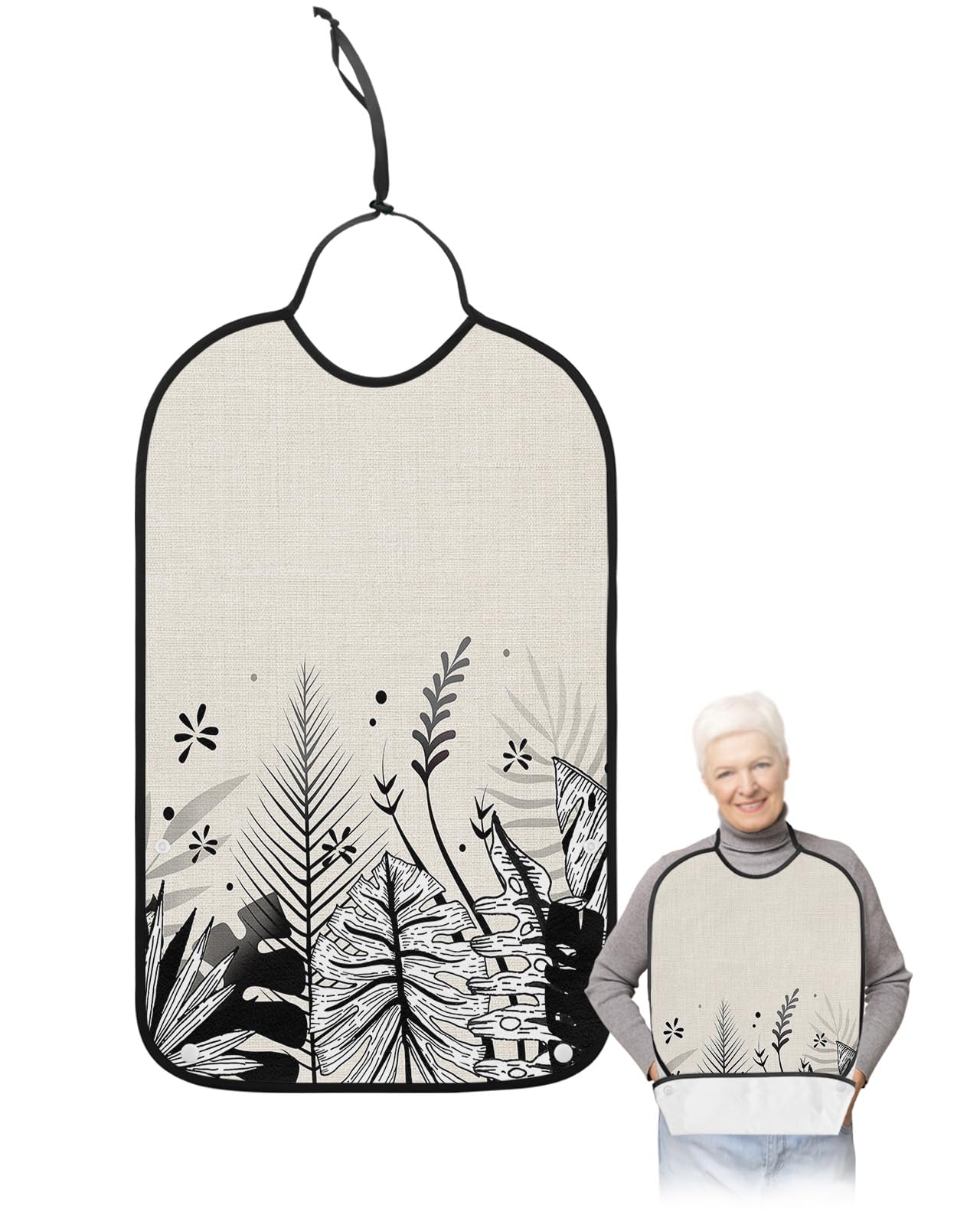 LEOKOTI Black Botanical Adult Bibs for Eating, Waterproof Bibs with Food Catcher & Adjustable Snap Closure, Summer Palm Leaf Tropical Rustic Washable Clothing Protectors Adult Bibs for Elderly