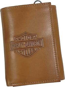 Harley-Davidson Mens Traditional B&S Tri-Fold Genuine Leather Wallet - Natural, Brown, 4.5" x 3.25", Braun