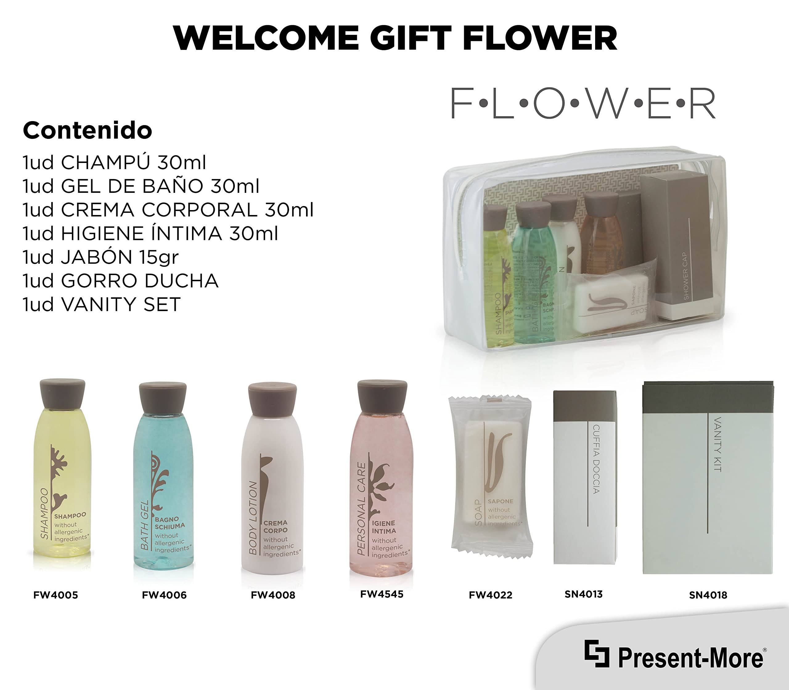 Present-More Amenities baño Flower - Welcome Gift Línea de cortesía huéspedes de Hoteles y B&B | Amenities baño sin alérgenos con aroma a Té