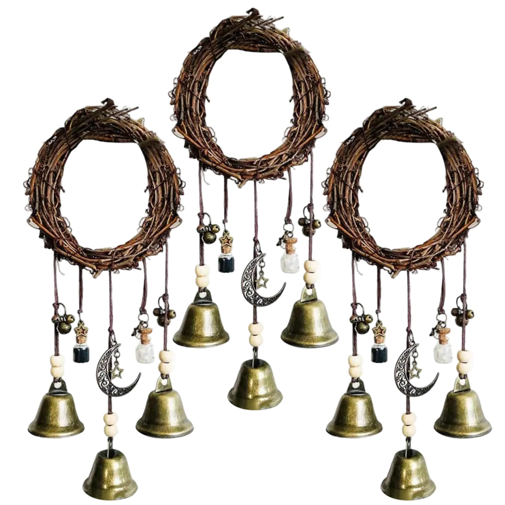 Witch Bells for Door 3Pcs 12 Inch Wind Chimes with Blessing Bottle & Rattan Wreath Hanging Bells for Door Knob Witchcraft Room Home Witch for, Witches, Bell